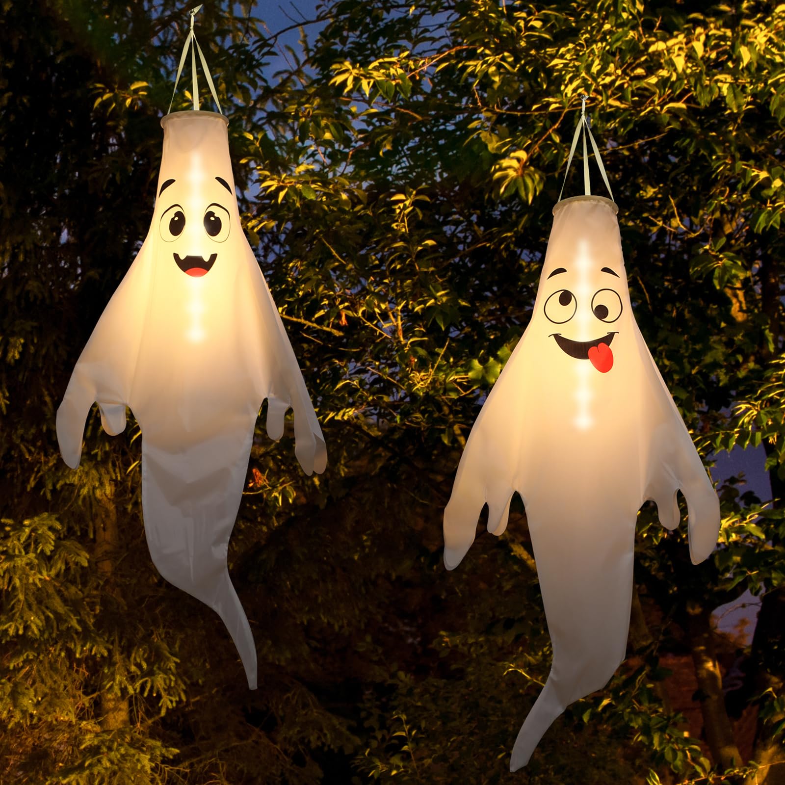 Btanadi Halloween Ghost Decorations Outdoor: with Timer, 4 Pcs Cute Hanging Ghost for Tree Porch Garden Yard, Waterproof LED Gho