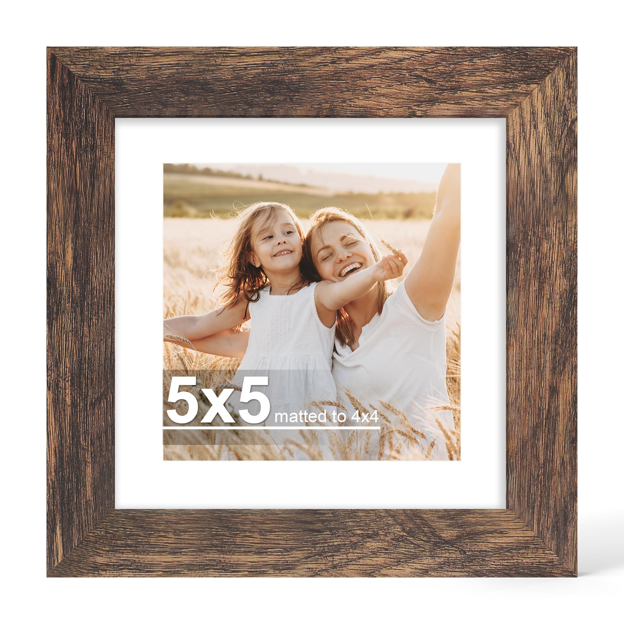 Hongkee 5x5 Picture Frame with Glass, Display Pictures 4x4 with Mat or 5 x 5 without Mat - Wall and Tabletop, 5 by 5 Photo Woode