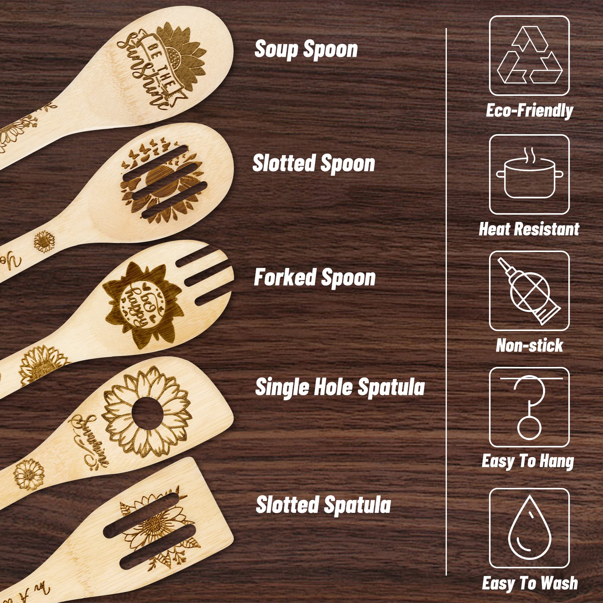 Eartim 5Pcs Sunflower Wooden Spoons Utensils Set, Summer Sunflower Theme Kitchen Cooking Utensils Natural Non-Stick Carve Burned