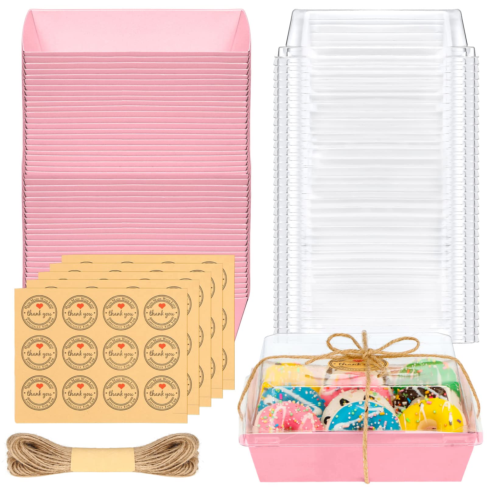 60 Pack Paper Charcuterie Boxes With Clear Secure Lids, 5 Inches Disposable Food Containers With 55Yd Twine And 60 Pcs Thank You