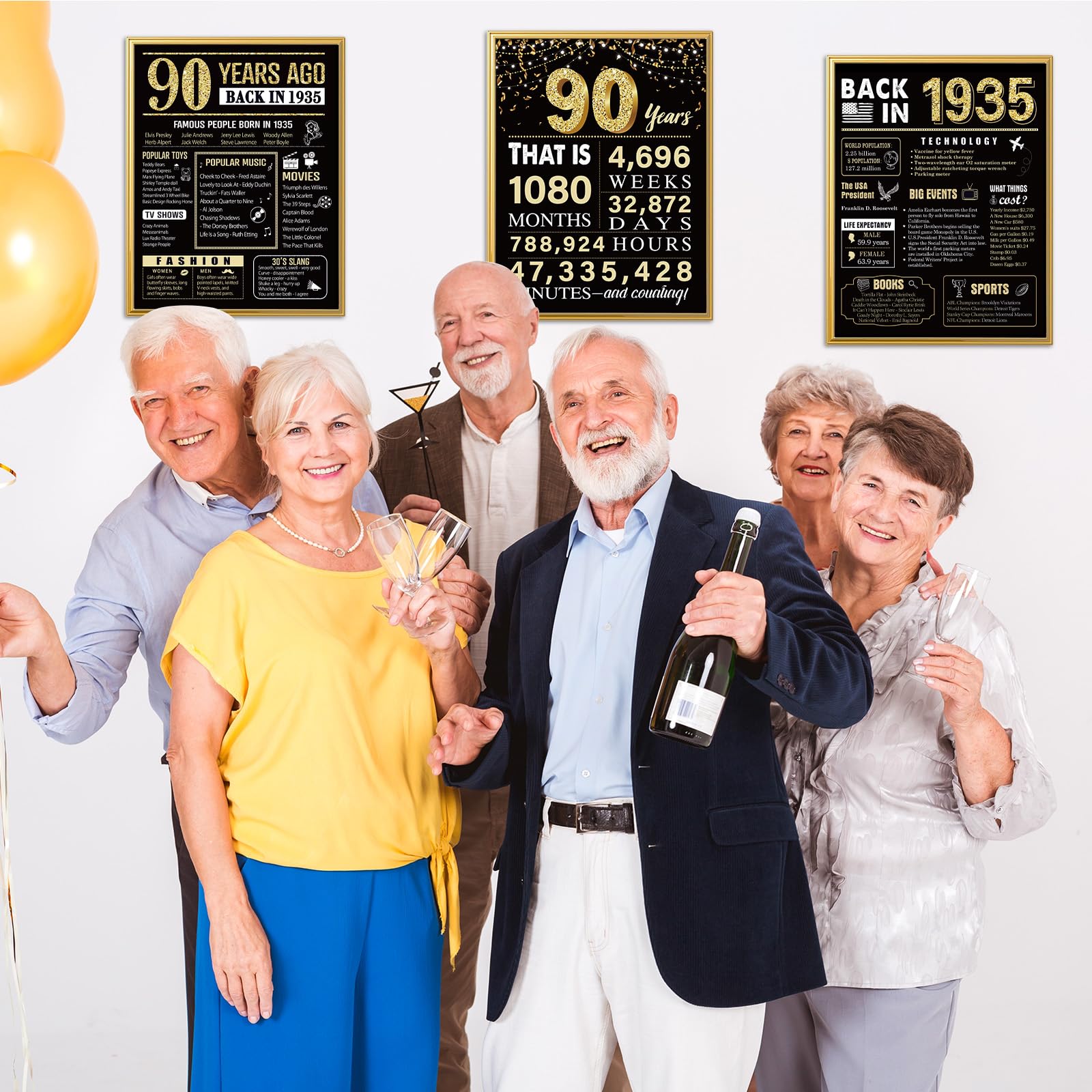 90 Years Ago 90th Birthday Wedding Anniversary Poster 3 Pieces 11 x 14 30s Party Decorations Supplies Large Sign Home Decor Black & Gold Wall Art Prints for Men and Women (Back in 1934-90 Years)