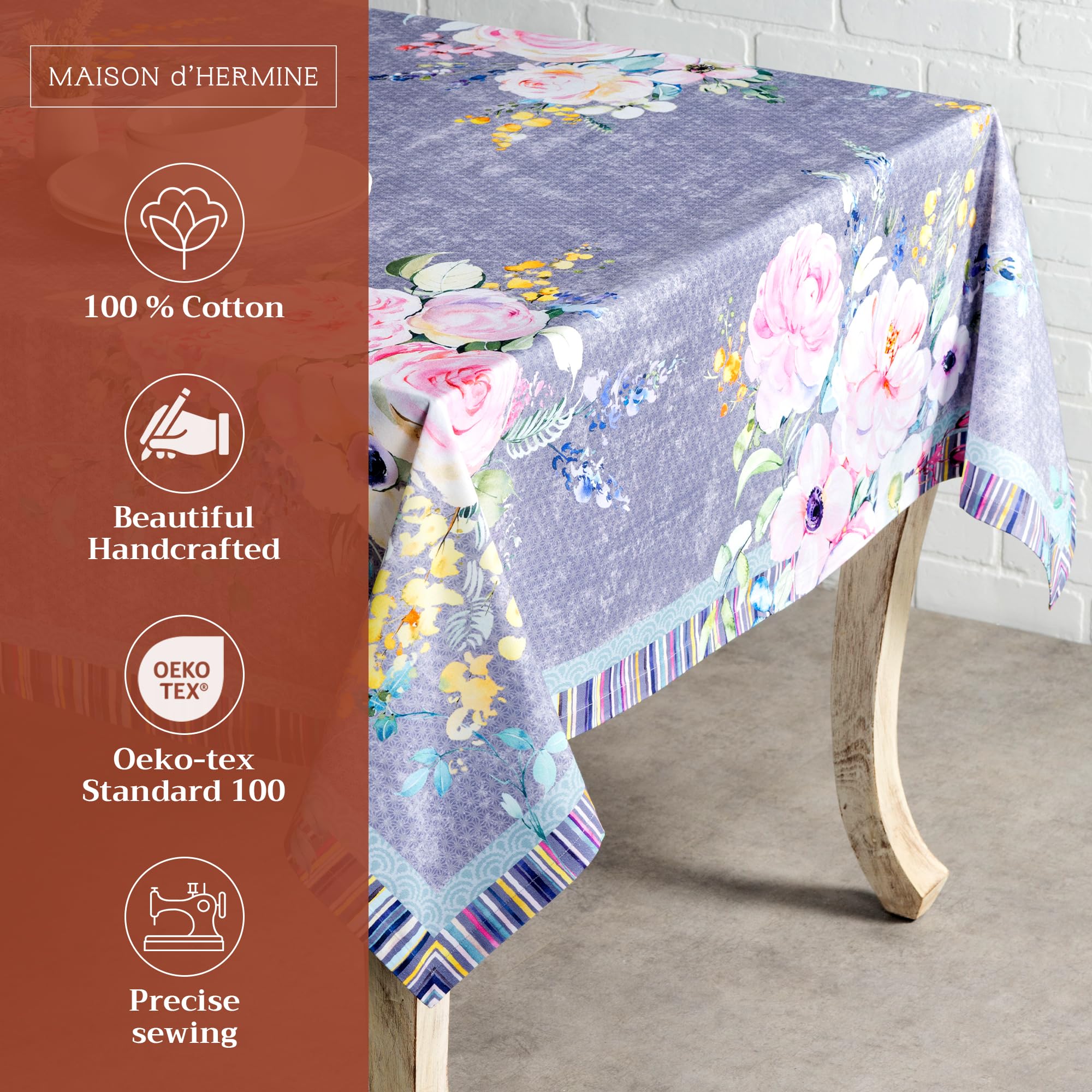 Maison d Hermine Table Cloth Square Table 100% Cotton 60 x 60 Inches Tablecloth Reusable for Dining Room, Farmhouse, Home, Part