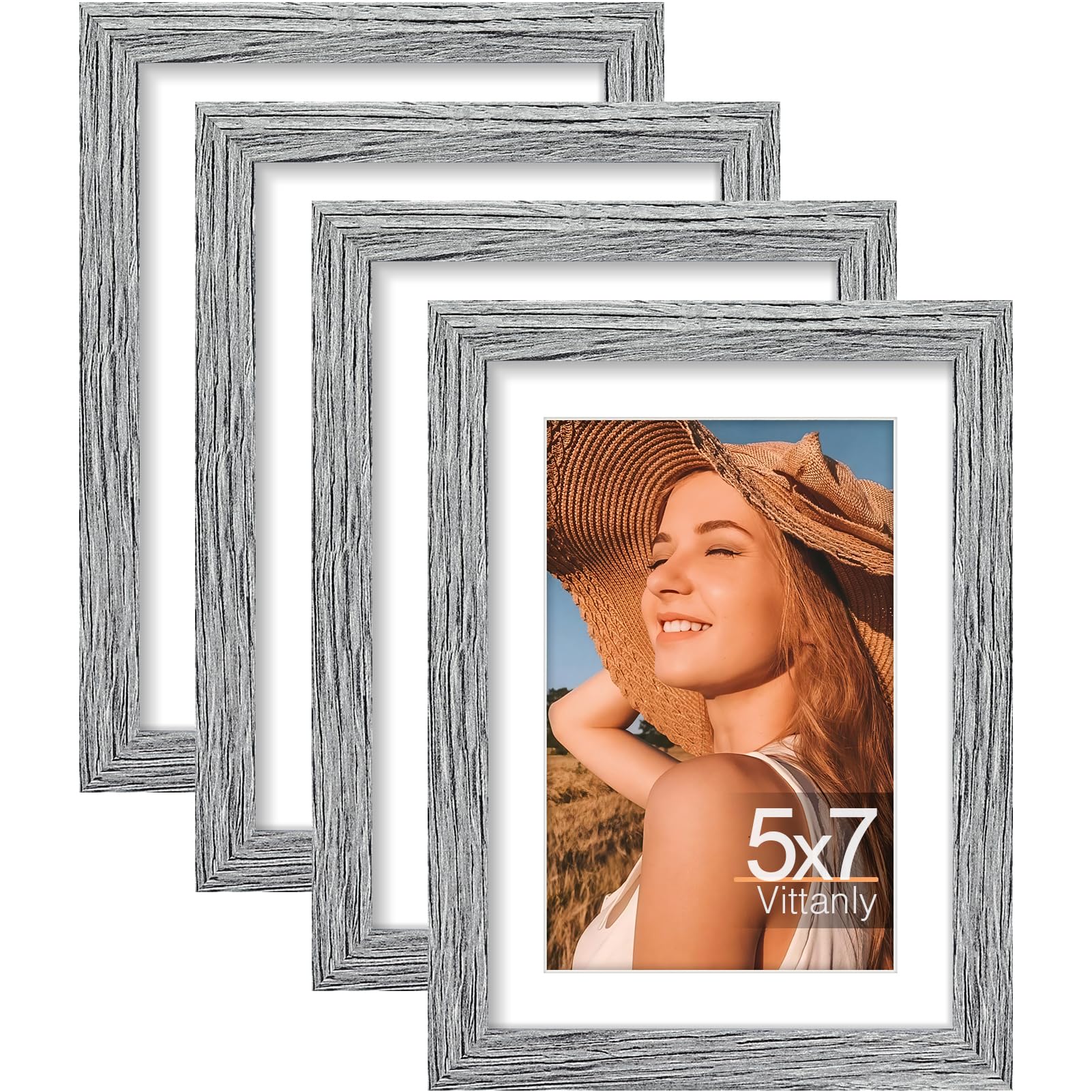 Vittanly 5x7 Picture Frames Set of 4, Display Pictures 4x6 with Mat or 5x7 without Mat, Engineered Wood with Shatter Resistant P
