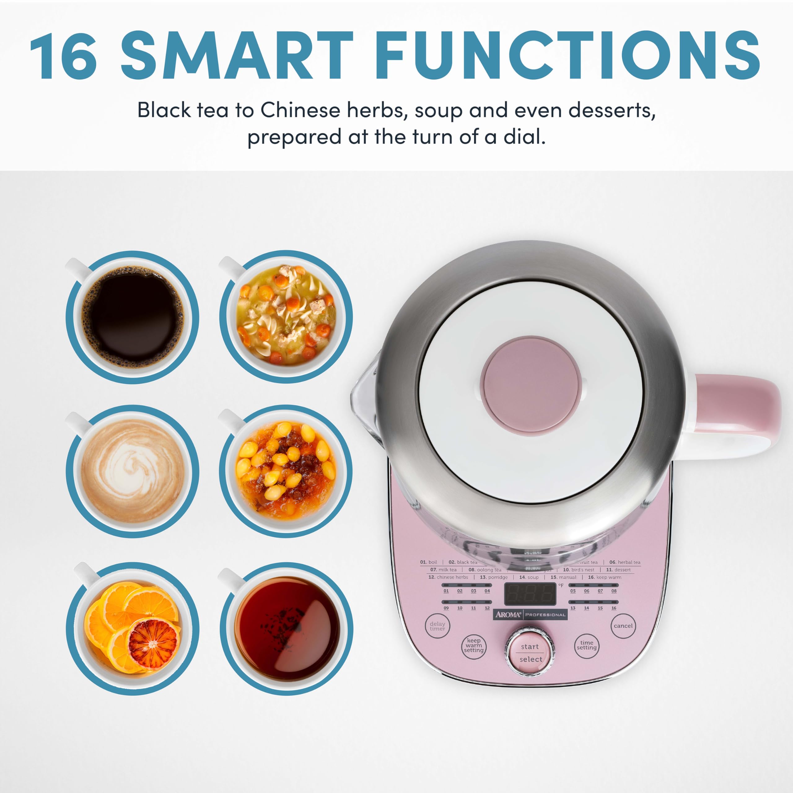 Aroma Professional Awk-701 16-In-1 Nutri-Water, Green, Fruit, Flower Tea, Coffee, Multi-Use Kettle, Delay Timer, 1.5L, Pink