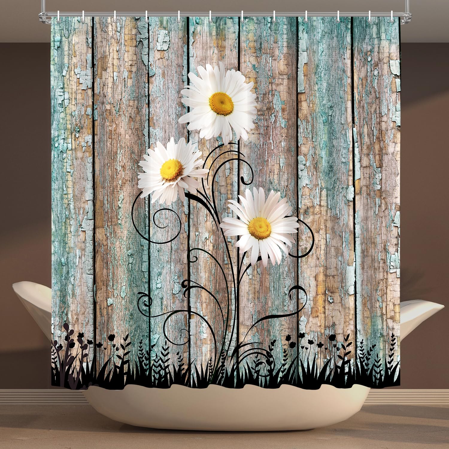 Shower Curtain Set, Rustic Farmhouse Shower Curtain For Bathroom, Fabric Bath Curtain 12 Hooks, Daisy American Country Farm Styl