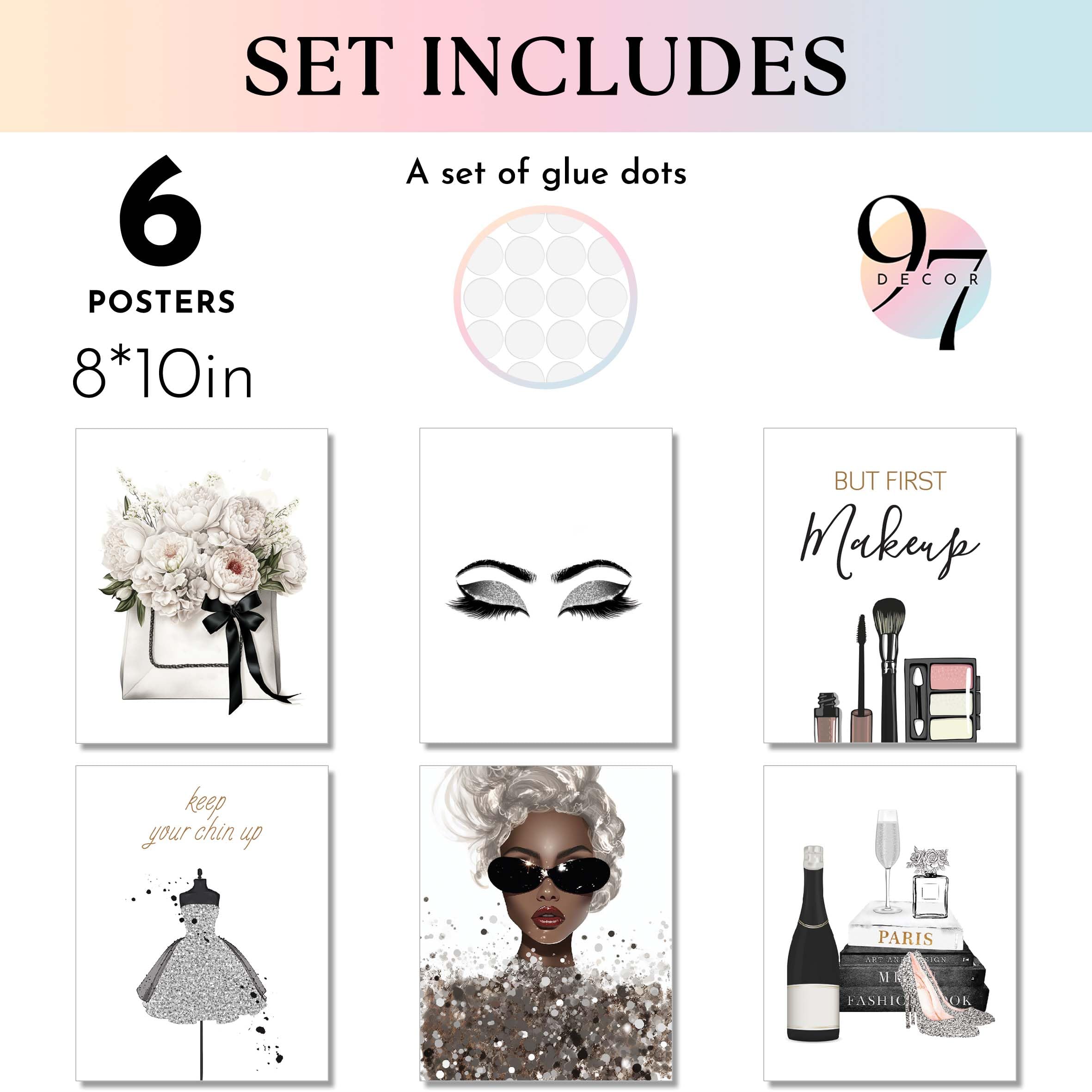 97 Decor Glam Grey Fashion Wall Decor - 6 Pcs Makeup Posters  Silver And Black Glam Wall Art for Women Makeup Room  Silver High Heel Prints  Silver Bedroom Decor for Girls (8x10 UNFRAMED)