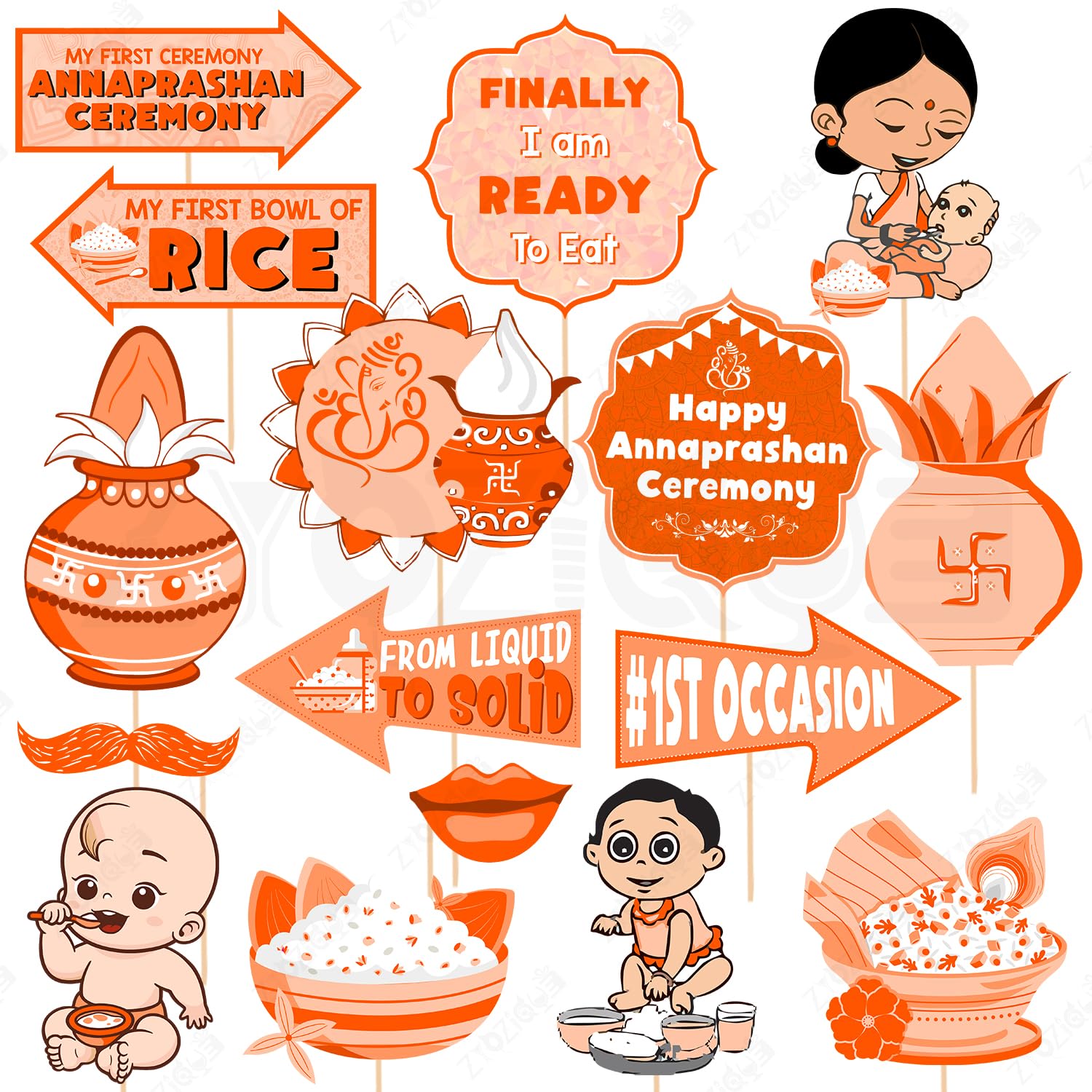 Zyozique Rice Ceremony/Annaprashan Decorations Kit  Photo Booth Props for Decorations  16 Pcs (Orange & White)