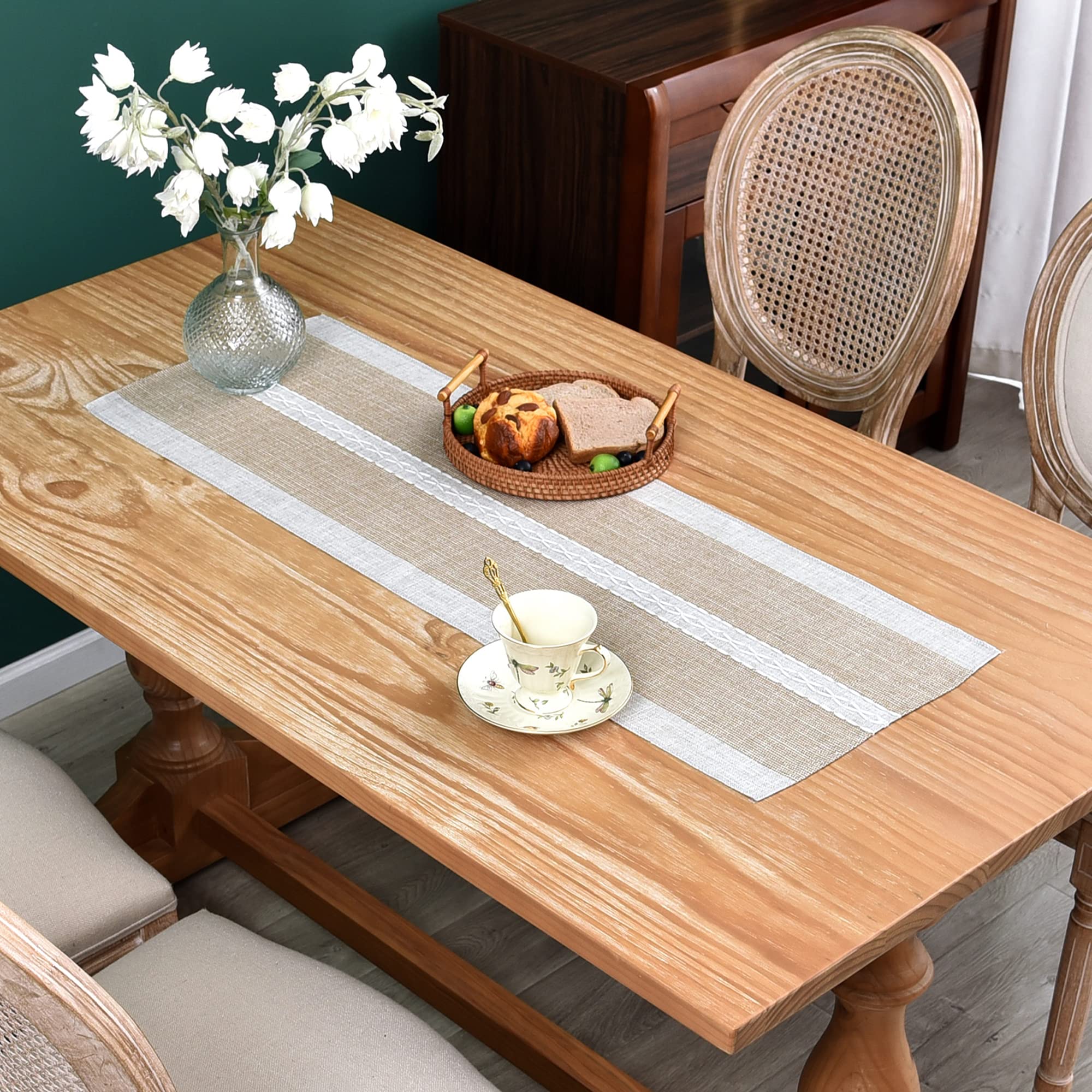 Farmhouse Braided Striped Table Runner Rustic Embroidery Coffee Table Runners For Decorations Weddings Holiday Brown 13X36Inch