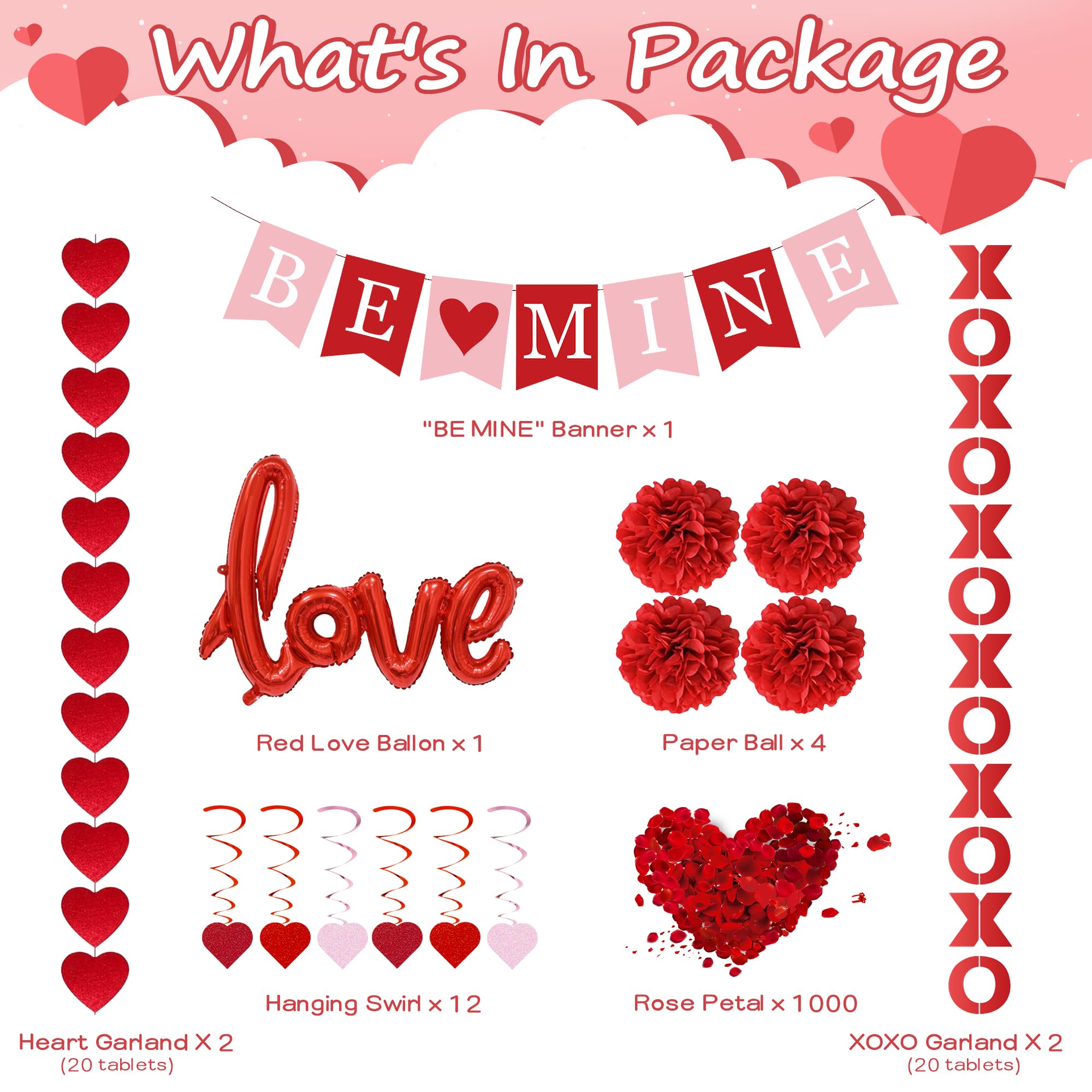 Dmight Red Valentine'S Day Decoration Set, Be Mine Banner, Love Heart Xo Garlands, Rose Petals, Hanging Swirls, Foil Love Balloo