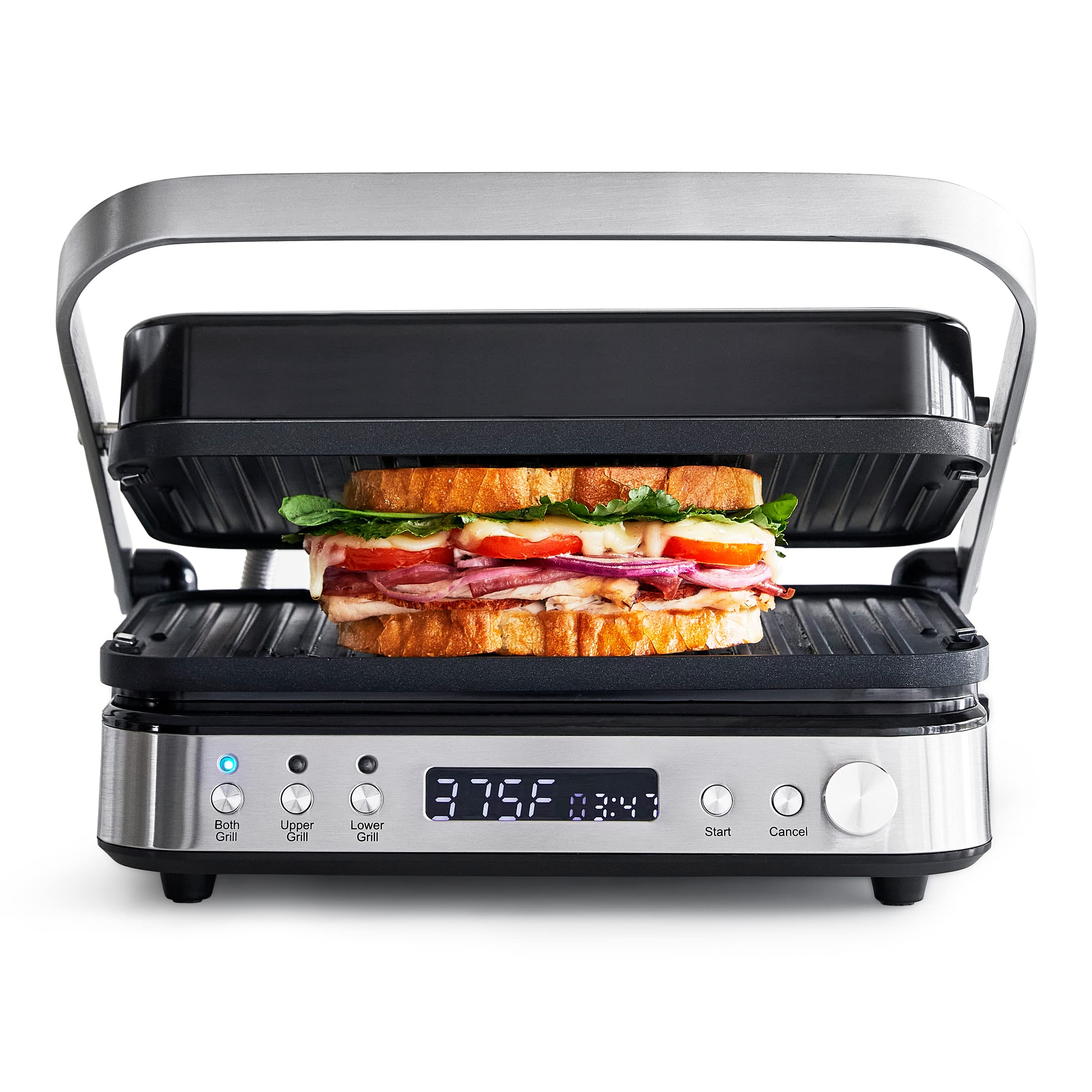 GreenPan Electric Indoor Stainless Steel 6-in-1 Contact Grill and Griddle, Healthy Ceramic Nonstick, Dishwasher Safe Reversible 