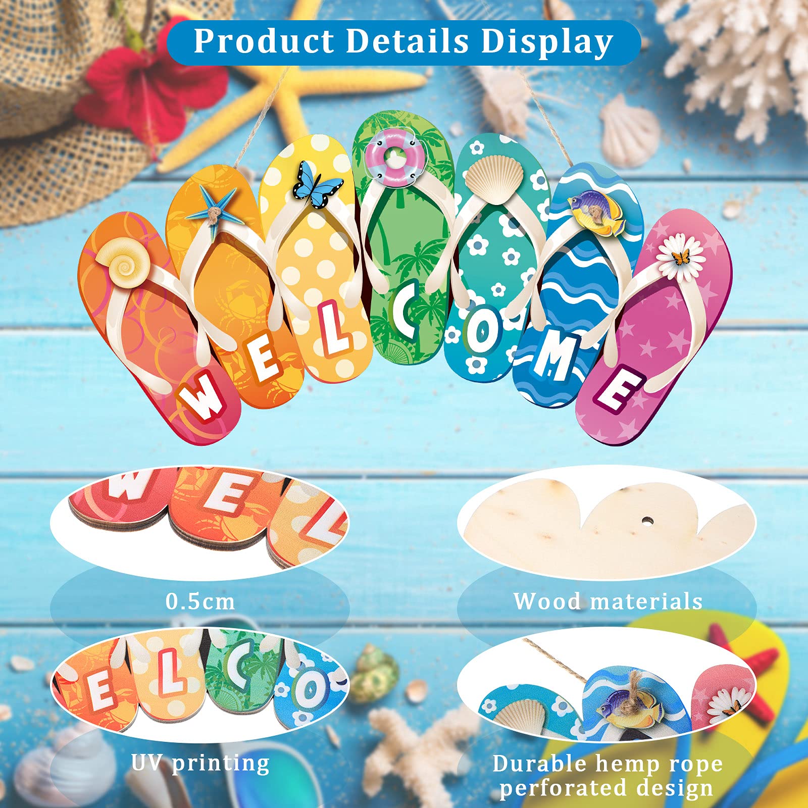 Summer Slippers Hanging Sign Shape Welcome Hello Flip Flop Wooden Door Plaque Rustic Wall Sign Yard Indoor Outdoor Garden Decora
