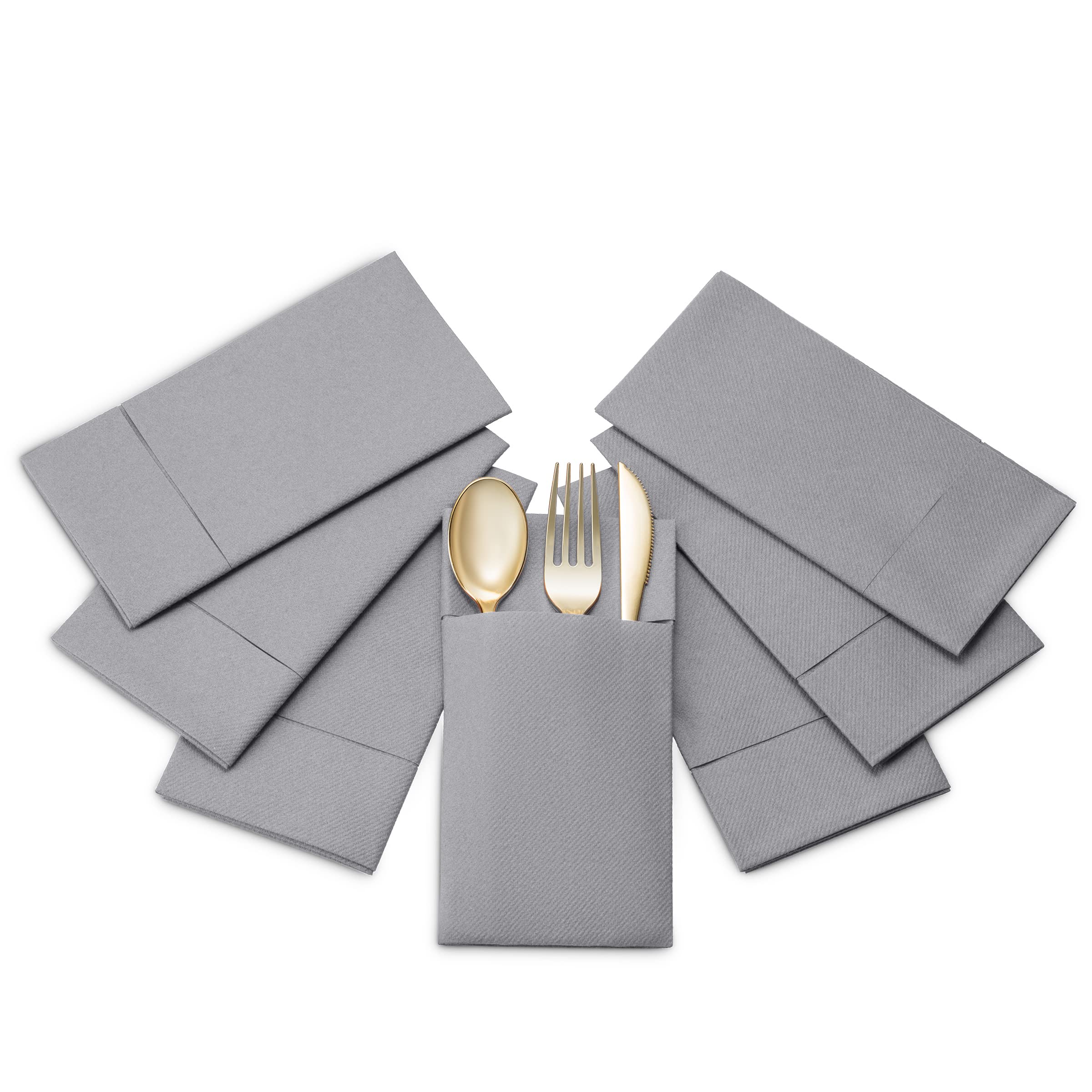 Disposable Linen-Feel Dinner Napkins with Built-in Flatware Pocket  50-Pack GRAY Prefolded Cloth Like Paper Napkins For Dinner  Wedding Or Party [Silverware NOT Included]