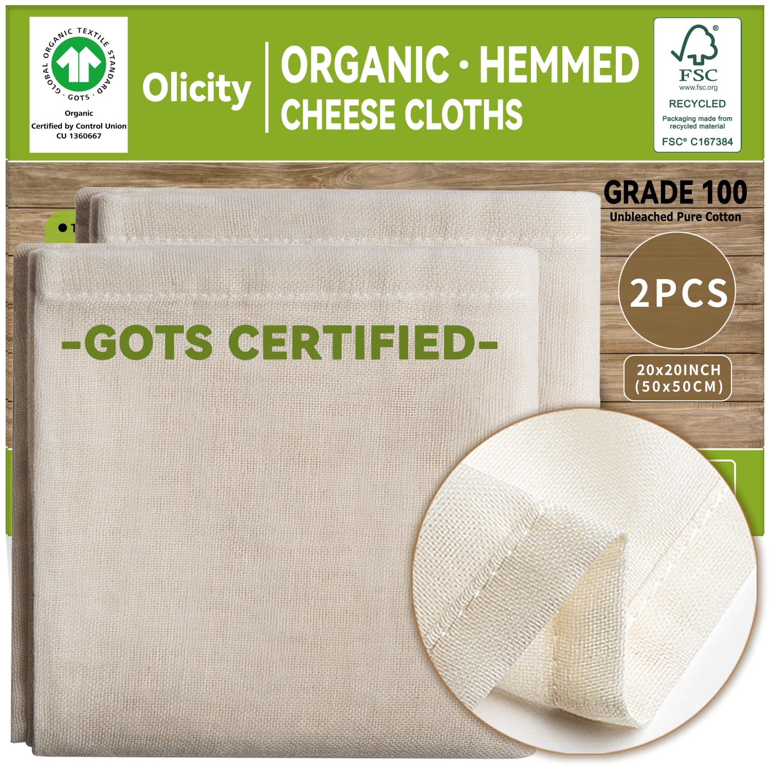 Organic Cheese Cloths, GOTS Certified, 2Pack, Grade 100, 20x20Inch Hemmed Cheese Cloth Reusable Muslin Cheesecloth for Straining