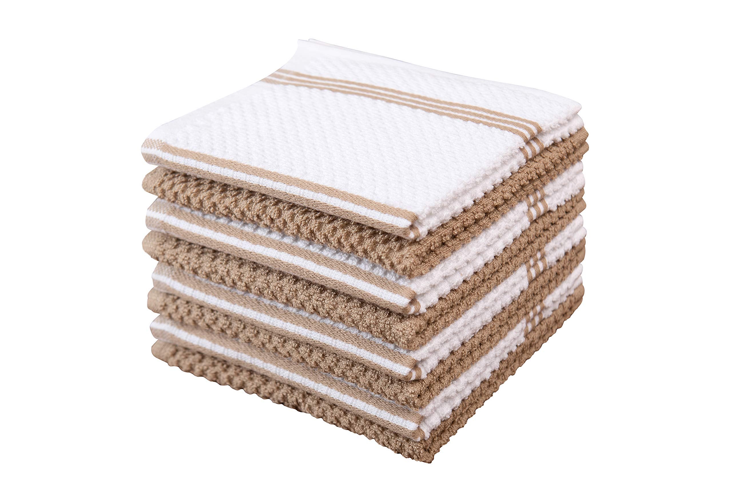 Kitchen Towels Dishcloths 100% Cotton, Set Of 8, Tan And White Dish Cloth Towels, Tea Towels, Reusable And Absorbent Cleaning Cl