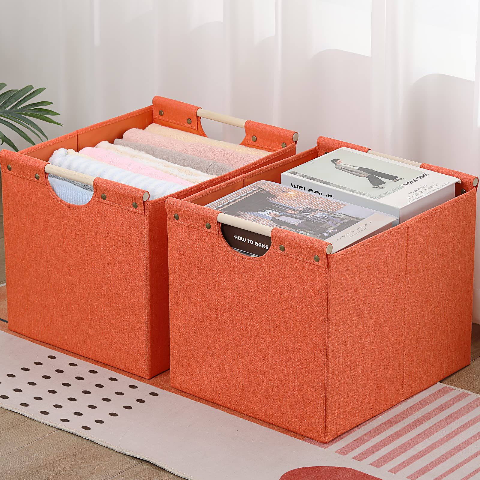 Hoonex Large Collapsible Storage Bins, Linen Fabric, Pack Of 2, Storage Baskets With Wooden Carry Handles And Sturdy Heavy Cardb