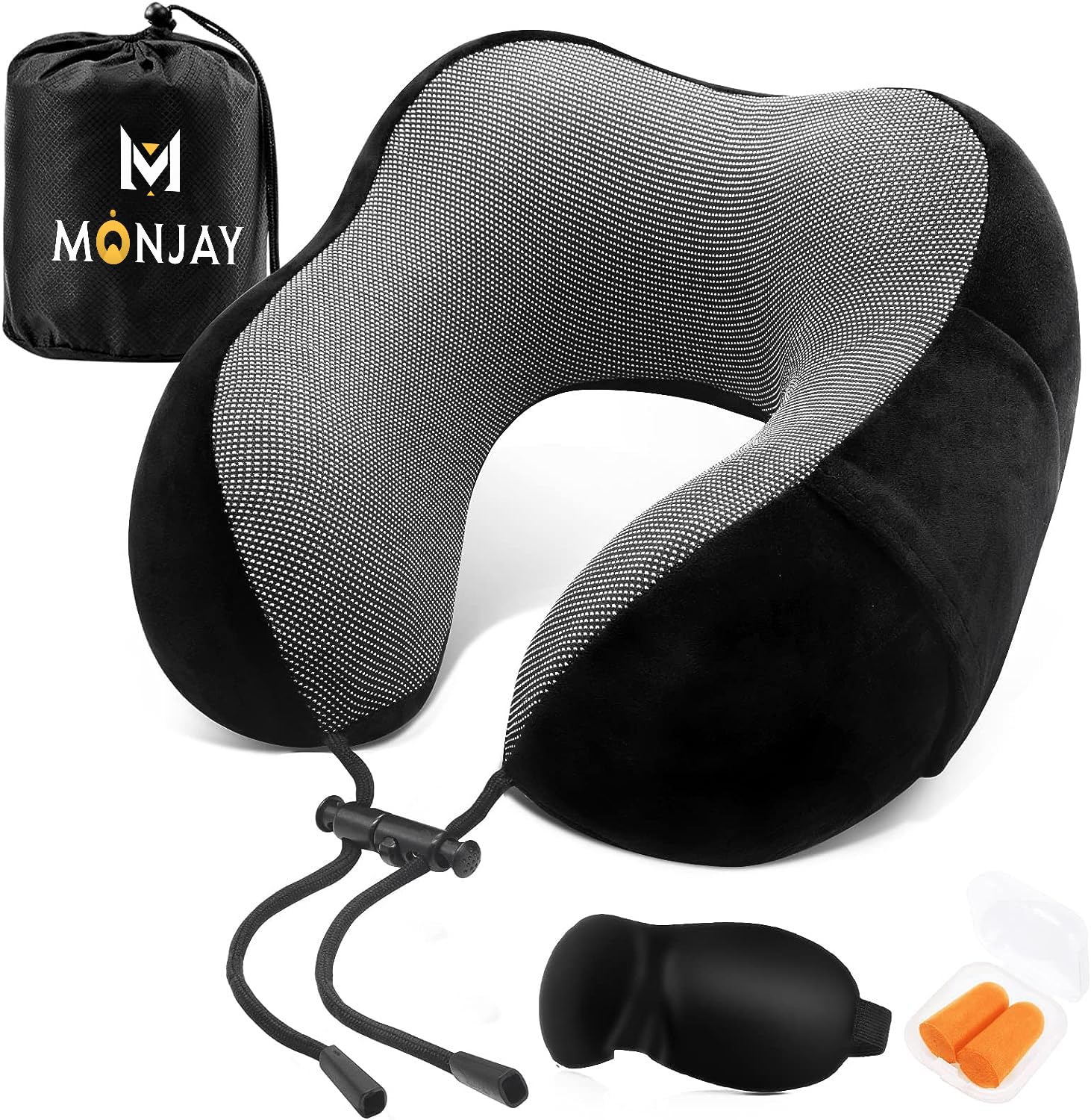 Monjay Memory Foam Neck Pillow For Travel, Neck Support Pillow Skin-Friendly And Breathable Pillowcase With 3D Eye Mask, Earplug