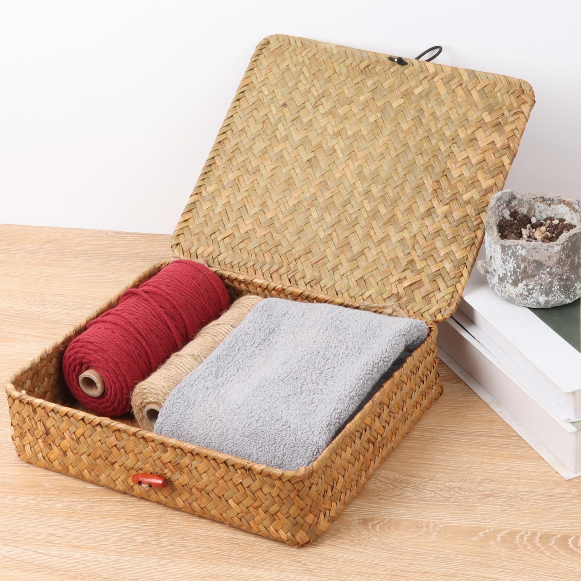 Moosky Flat Wicker Shelf Baskets With Lid, Seagrass Woven Basket Boxes For Storage Basket Bins Multipurpose Home Decor Organizer