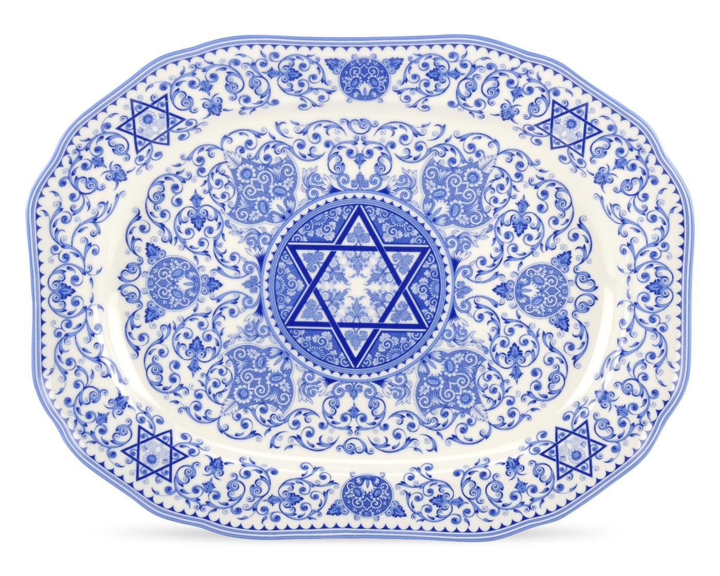 Spode Judaica Collection Oval Platter - 14 Inch Blue & White Porcelain Serving Tray for Roast, Fish, Challah - Shabbat and Jewis
