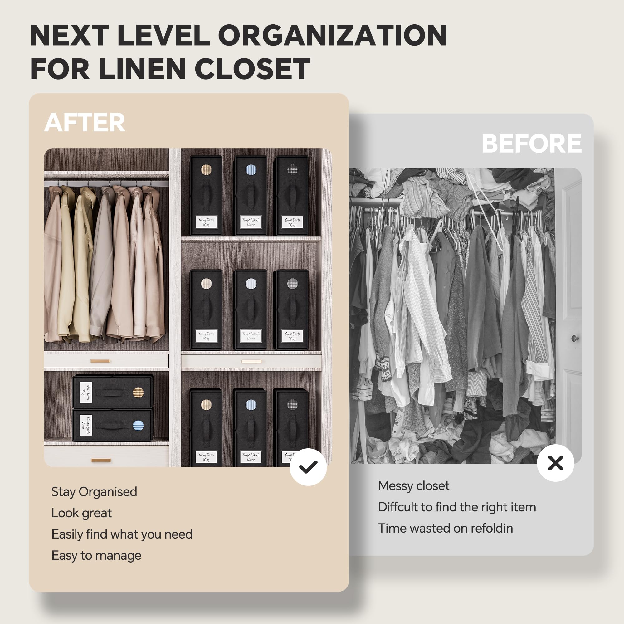 TRZZ Sheet Organizers and Storage, 8-Pack, Queen/King Size (Black), Bed Sheet Organizer, Fabric Storage Bins for Bed Sheets, 15'