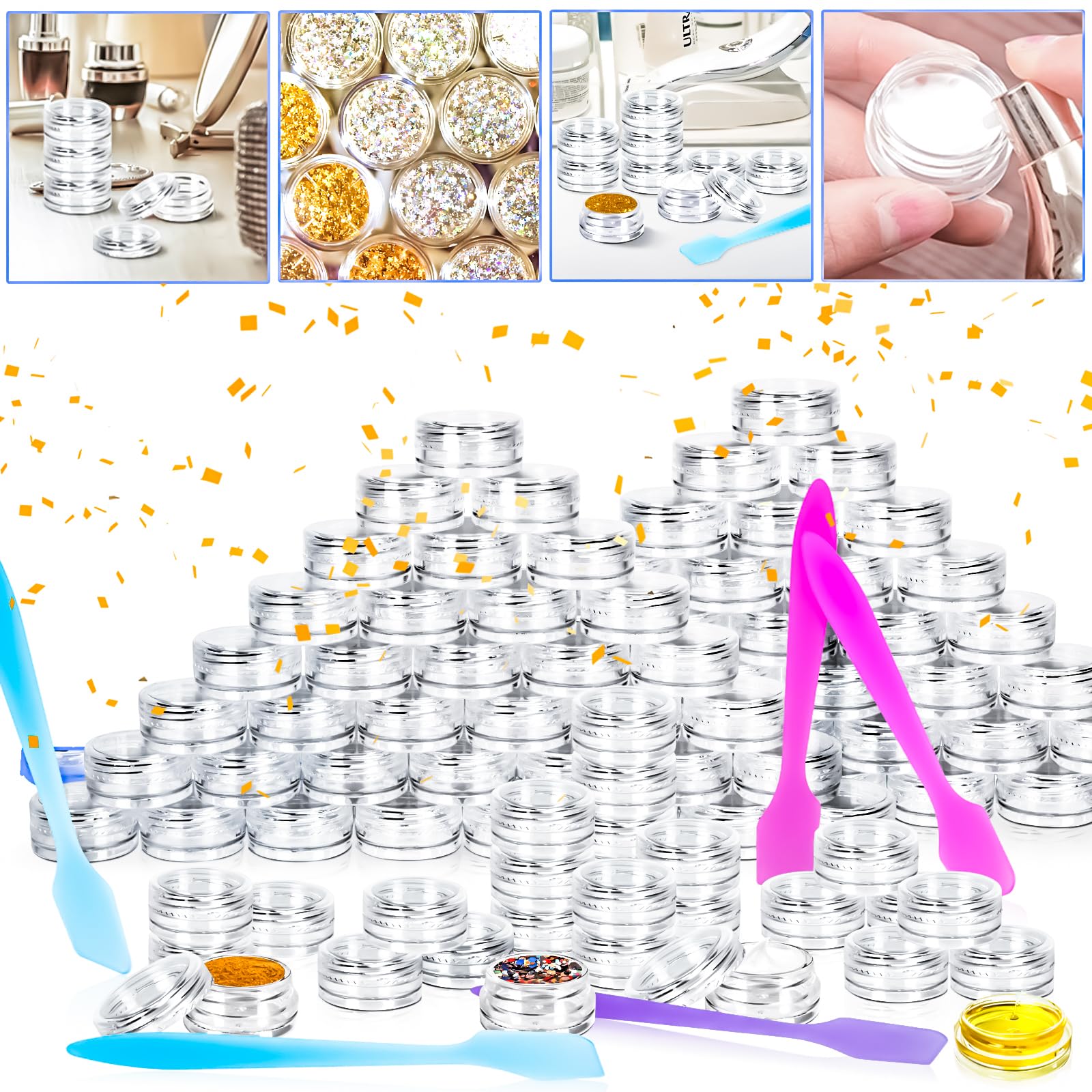 Motbach 100 Pcs 3G Empty Plastic Containers With Lids,Tiny Makeup Sample Containers Small Pot Jars Clear Round Cosmetic Jars Wit