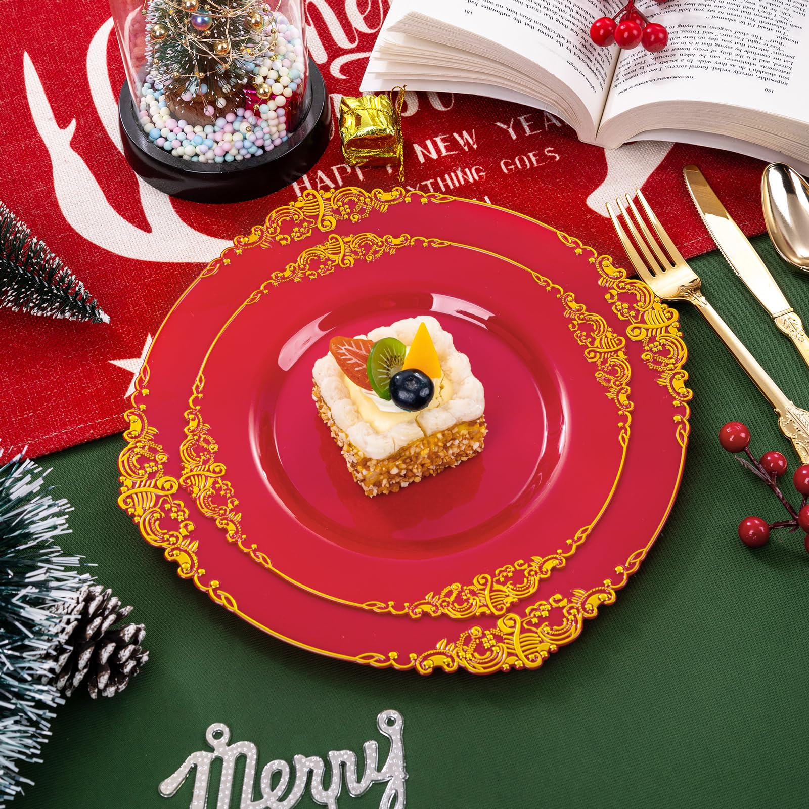 Joyido 102Pcs Red And Gold Plastic Plates - Red Plates Disposable - Red Plastic Plates With Gold Rim Include 51Pcs Dessert Plate