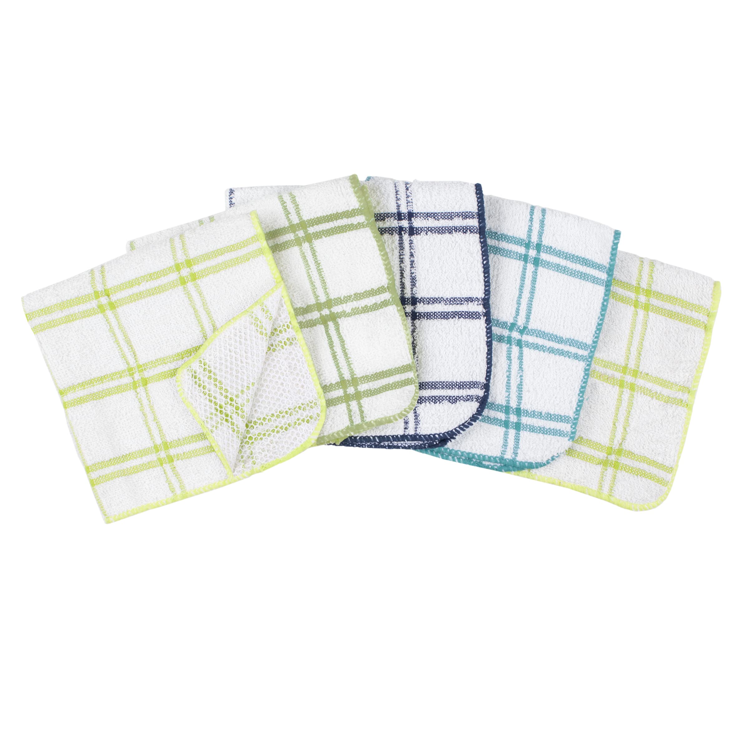 Ritz 100% Cotton 12-Inch X 12-Inch Kitchen Dish Towel, Gentle Cleaning Wash Cloth With Poly Scour Side, Blue/Green, 5-Pack