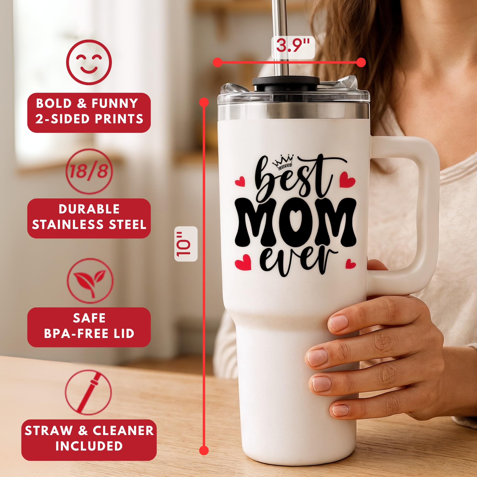 Christmas Gifts For Mom - Best Mom Ever Tumbler With Handle 40oz, Mommy Coffee Mug, Mama Tumblers, Momma Gift Ideas, Funny Birth
