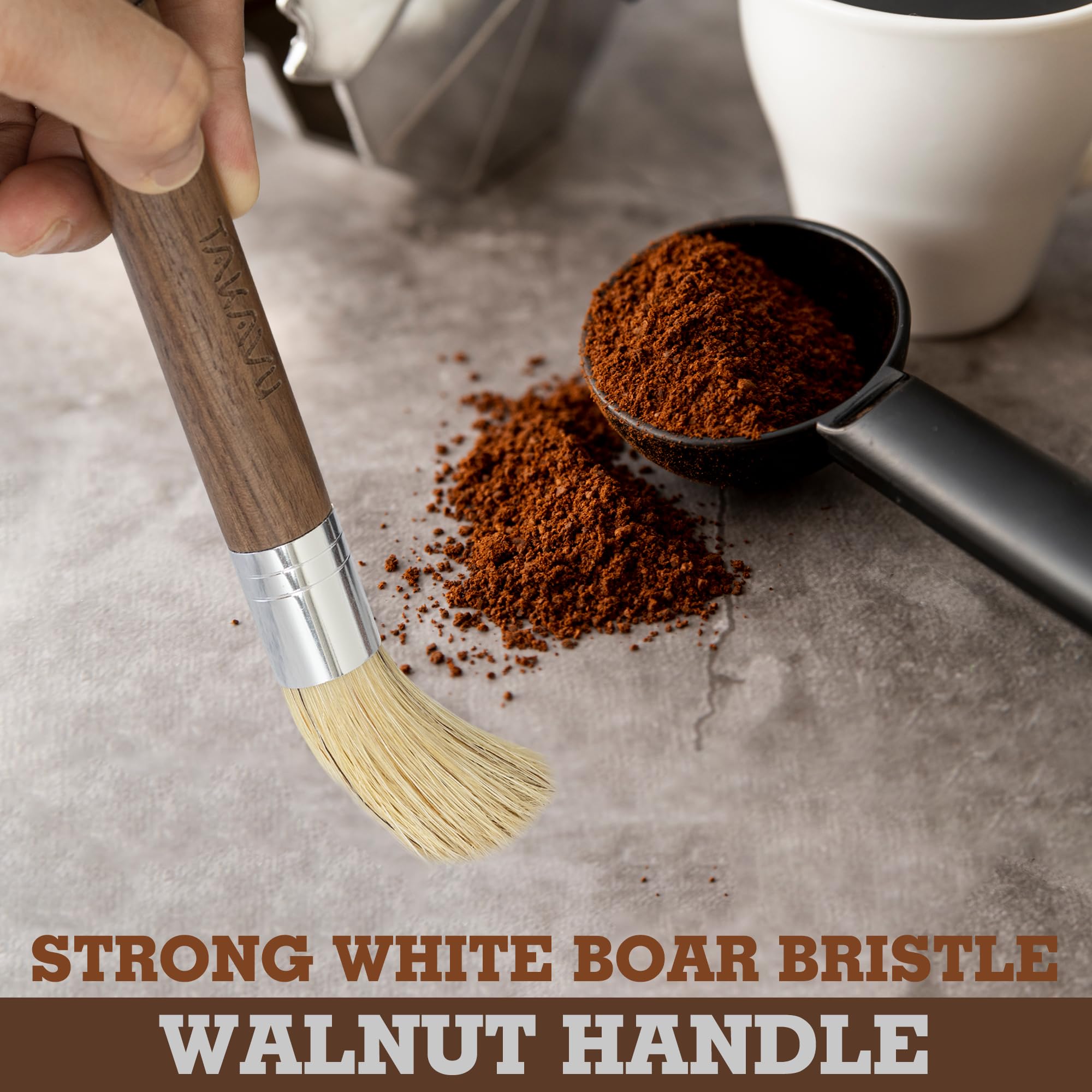 Takavu Coffee Cleaning Brush White Boar Bristle, Grinder Espresso Machine Cleaner Tool, Brista Dusting Accessories Used On Group