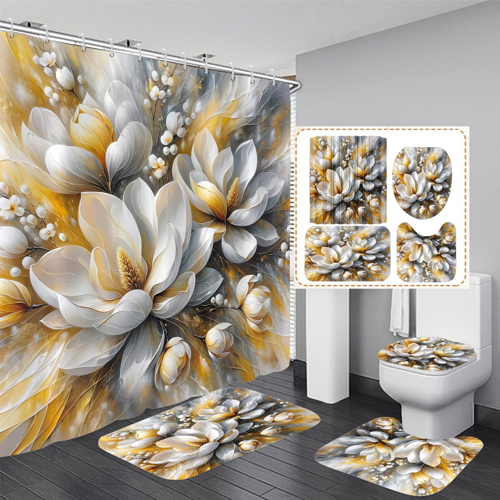 Pretyw 4-Piece Magnolia Flowers Shower Curtain Set Dreamy Beauty Bathroom Set With Shower Curtain And Rugs, Gold White And Gray