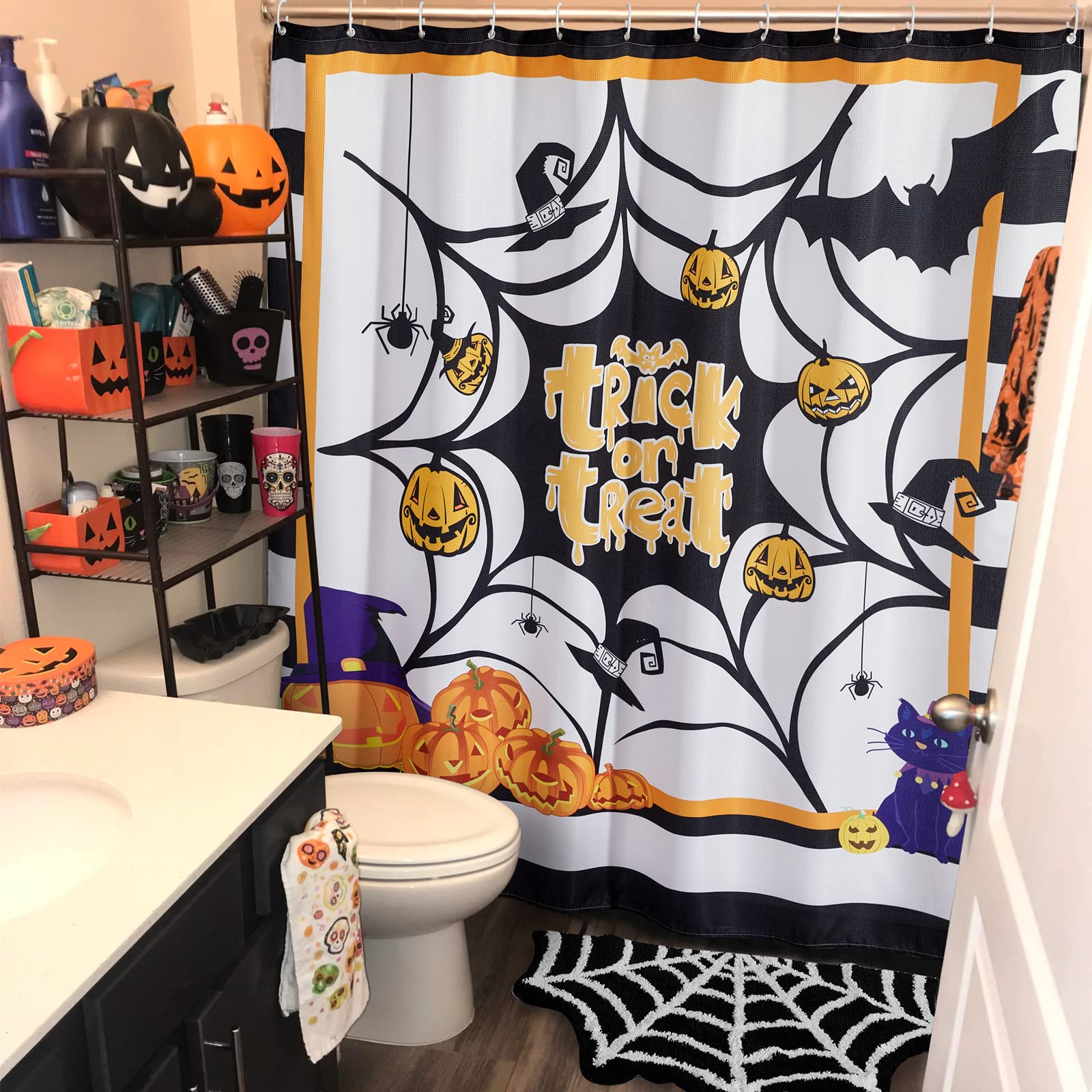 Estmy Gothic Bath Mat Spider Web Black Halloween Bathroom Rugs Non Slip Machine Washable, Funky Spooky Cute Fun Bath Mat Shower