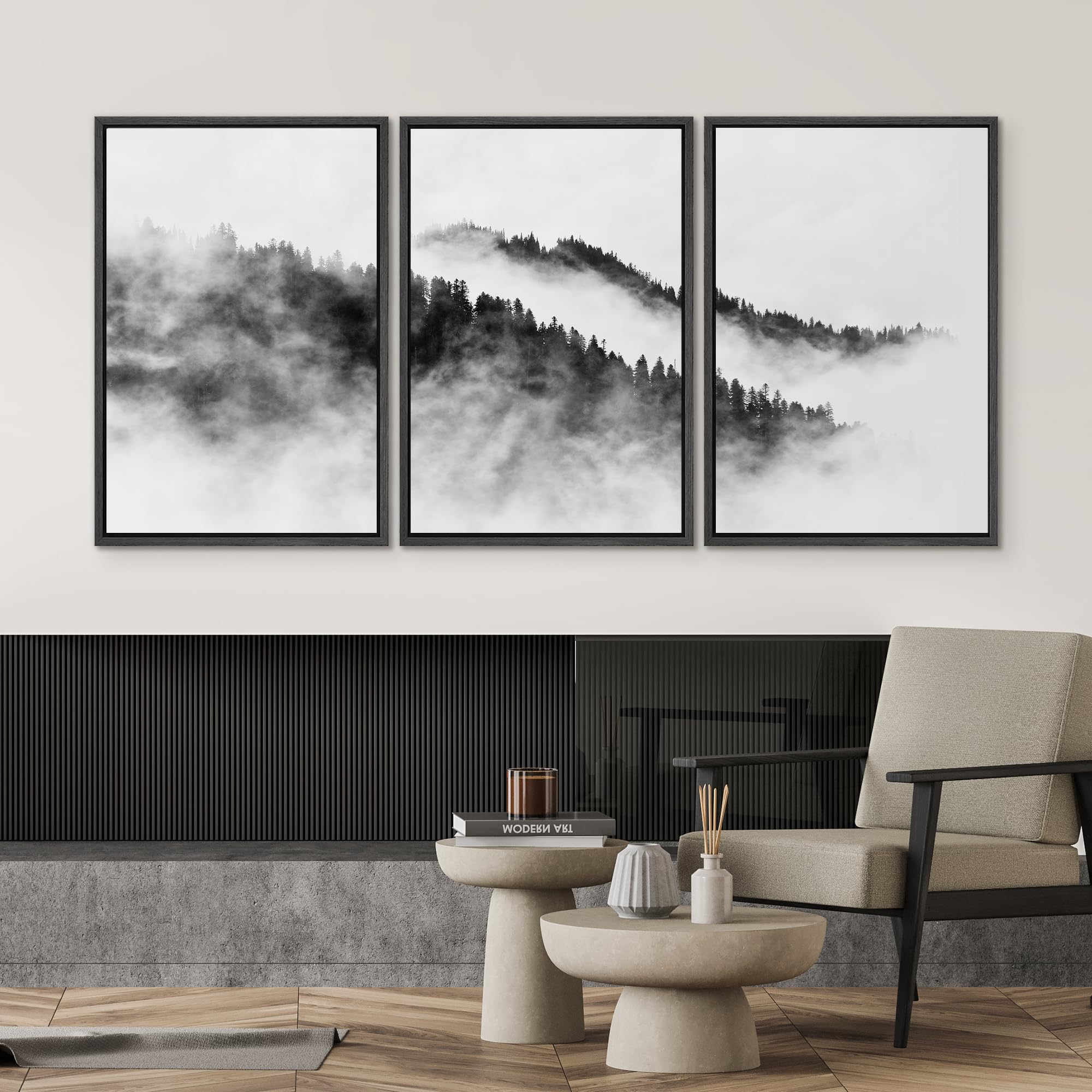 Signwin Framed Canvas Print Wall Art Set Black & White Mountain Forest Valley Nature Wilderness Photography Modern Art Rustic La