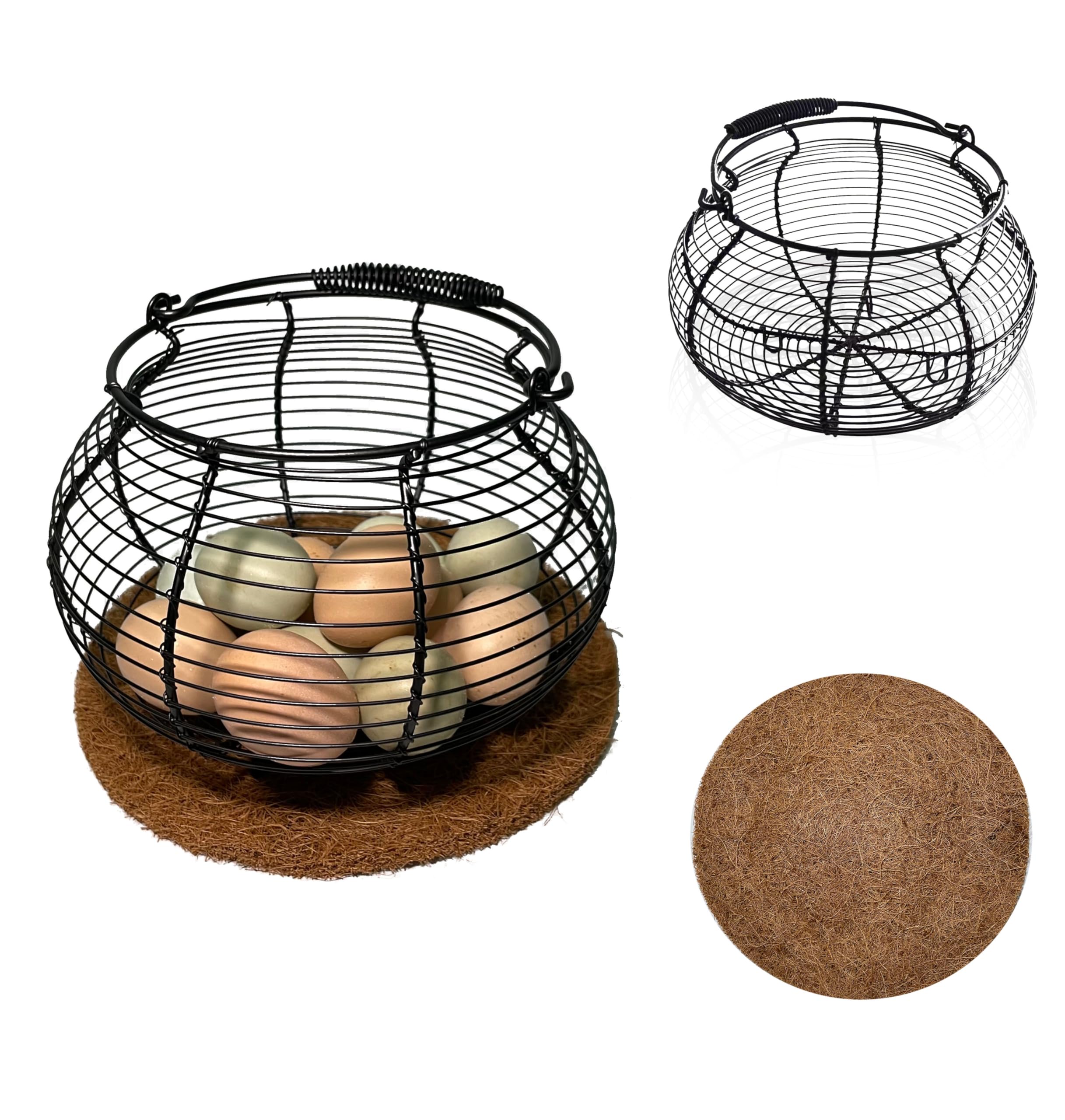 Egg Basket for Gathering Fresh Eggs, Retro Handle Egg Gathering Basket with Mat, Metal Egg Holder Countertop, Chicken Egg Basket