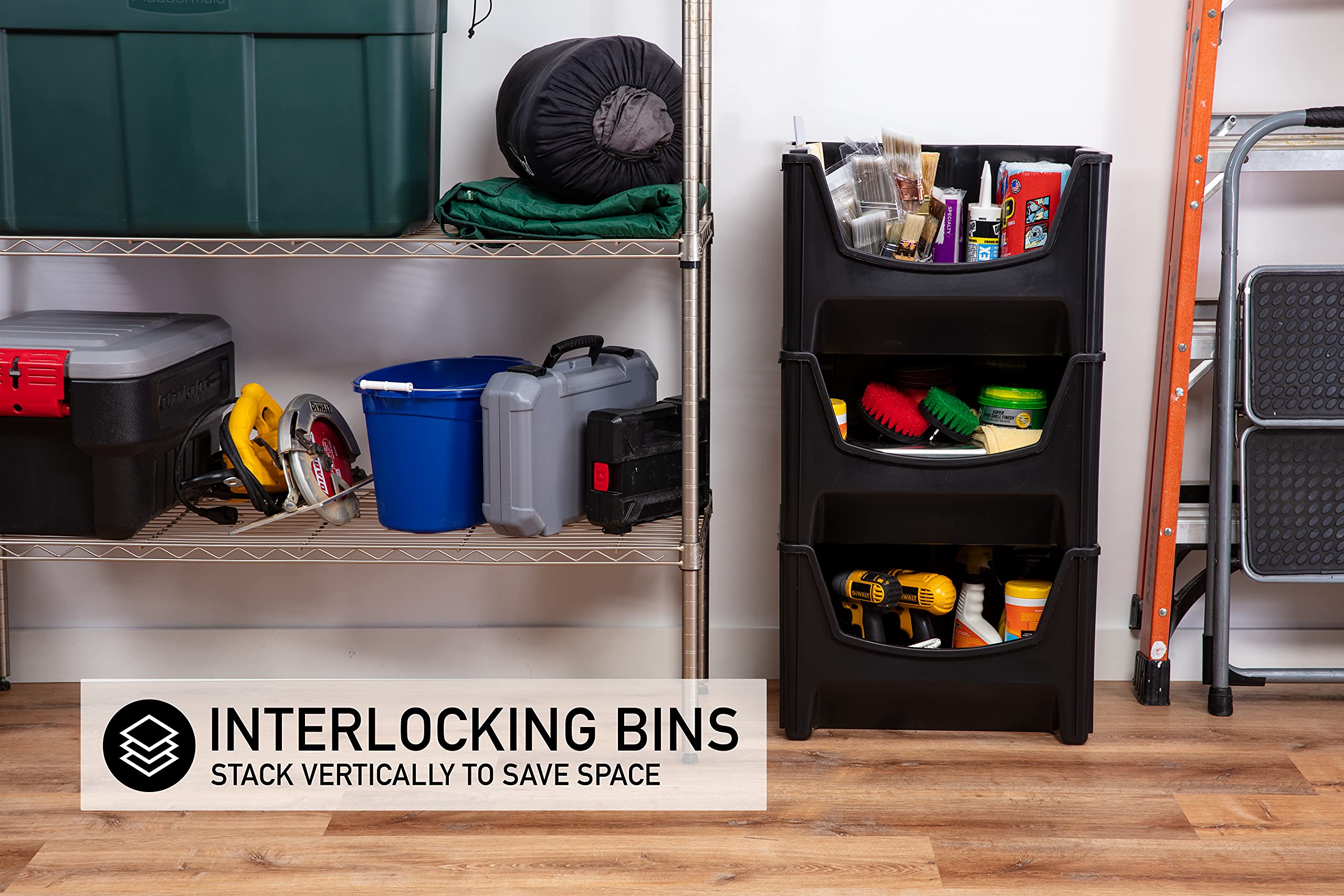 Mighty Tuff Jumbo Stackable Storage Bins, Pack Of 3, Easy-Access Storage, Large Easy-To-Grip Handles, Wide Front Opening, Interl