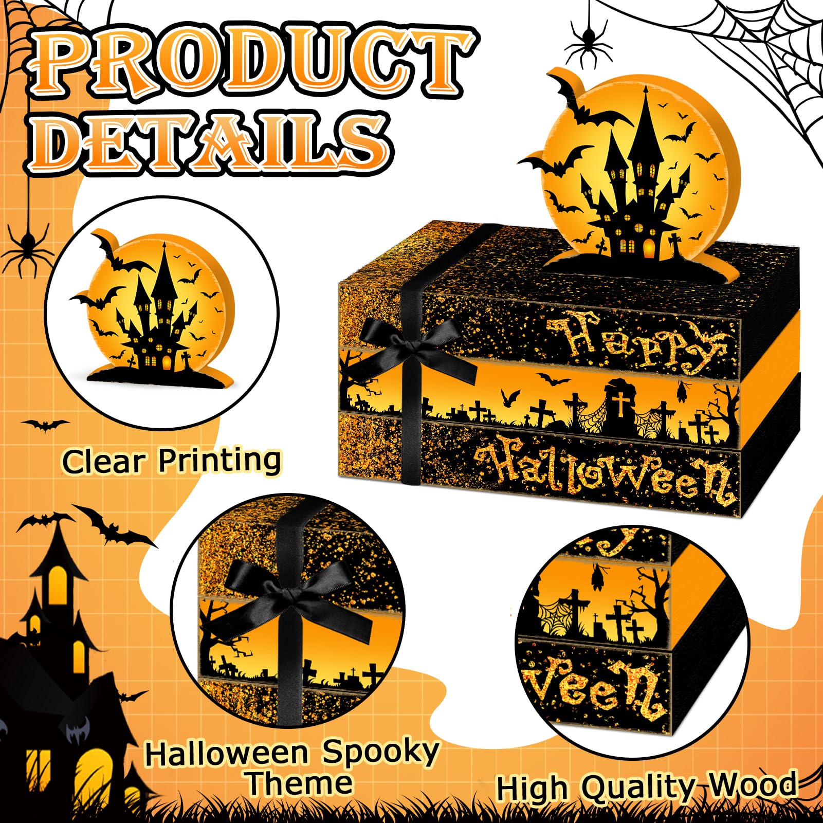 Culudea 4 Pcs Halloween Decorations for Home Castle Table Decor Halloween Bat Wooden Faux Book Stack Sign Tiered Tray Decor Spoo