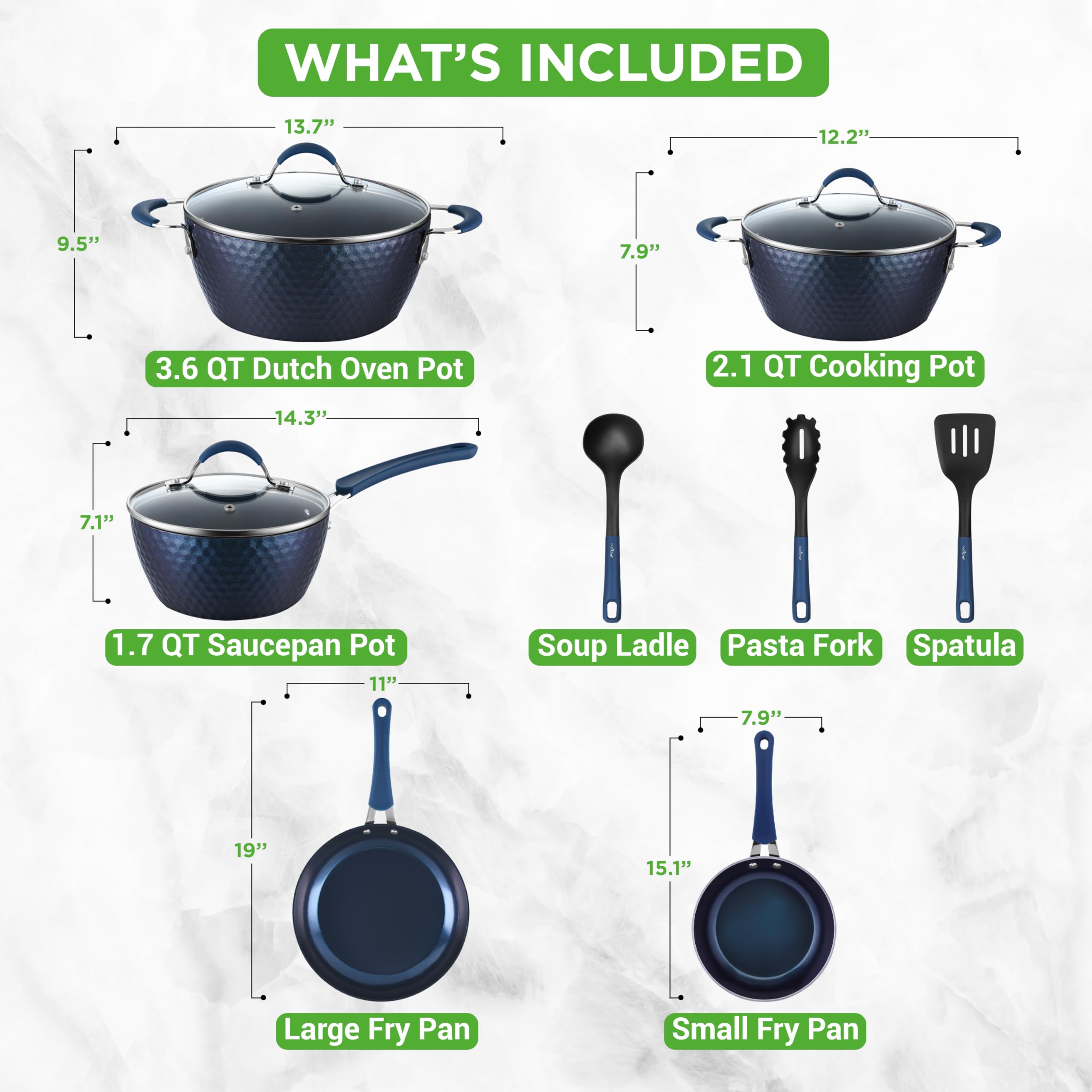 NutriChef 11 Pc Blue Diamond Nonstick Ceramic Cookware Set - Durable Pots, Pans, and Utensils with Cool-Touch Handles