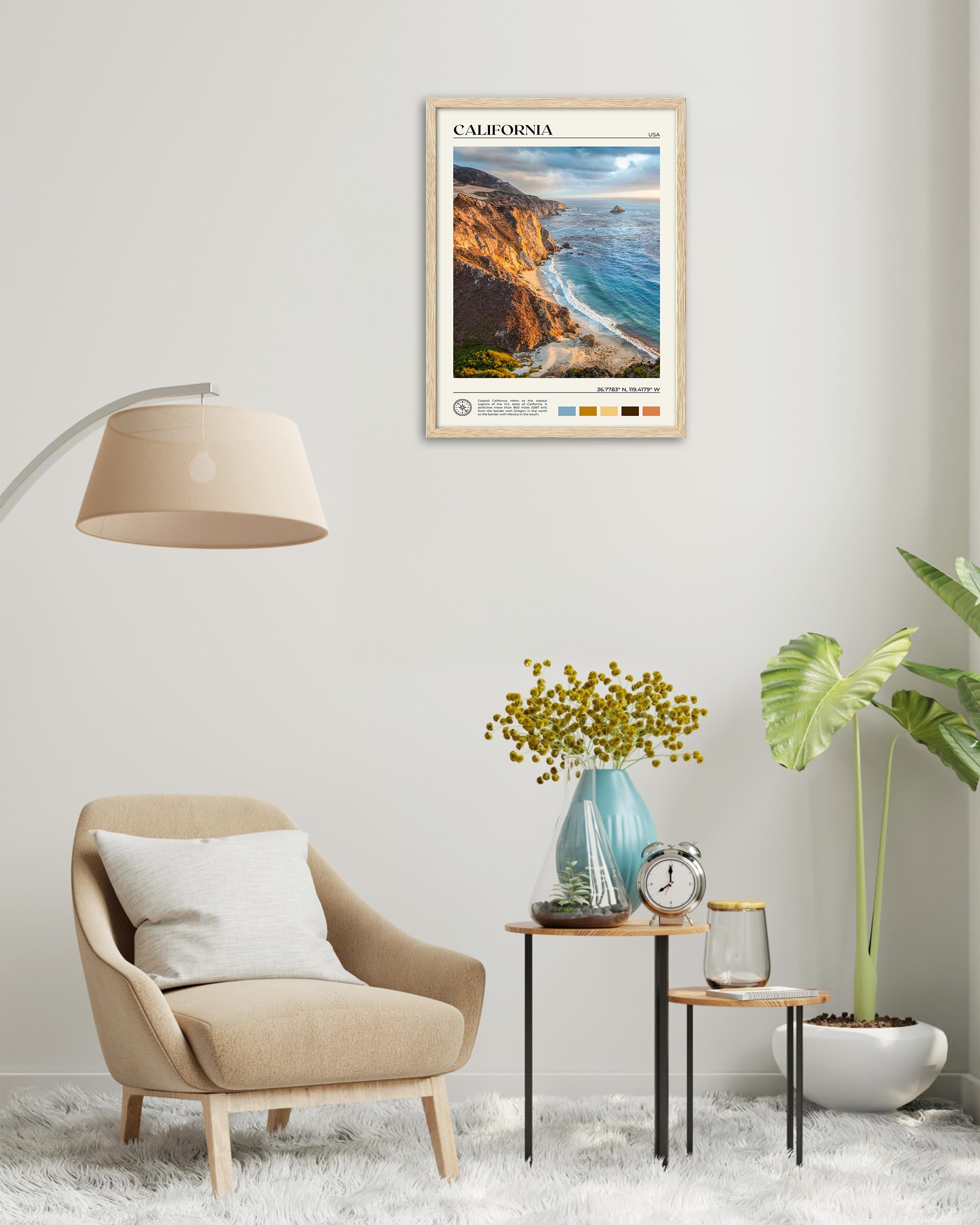 Hesendot Natural Oak Wood Coastal California Refers Framed Wall Art,12X16In Natural Seascape Canvas Wall Print,Classic Urban Lan