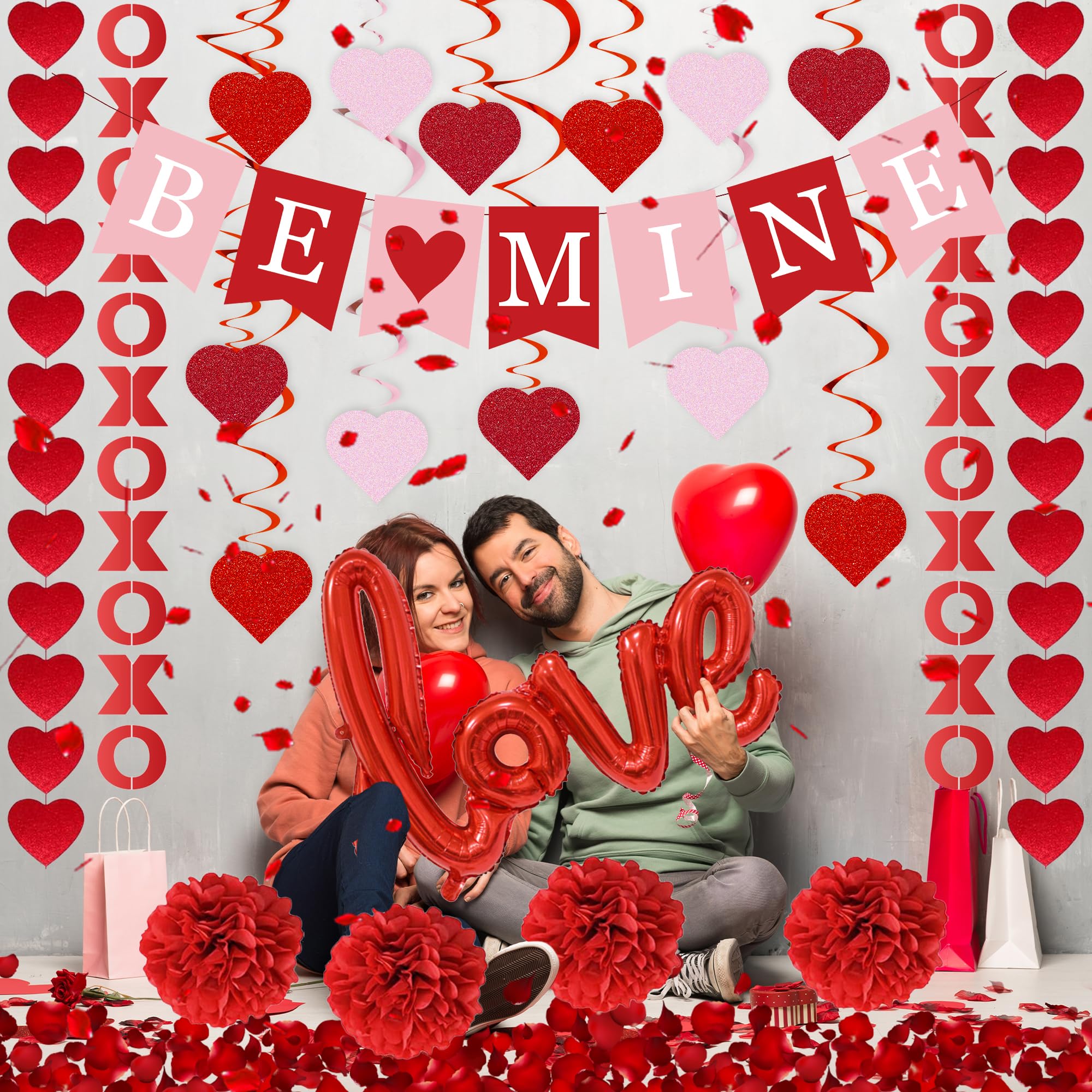 Dmight Red Valentine'S Day Decoration Set, Be Mine Banner, Love Heart Xo Garlands, Rose Petals, Hanging Swirls, Foil Love Balloo
