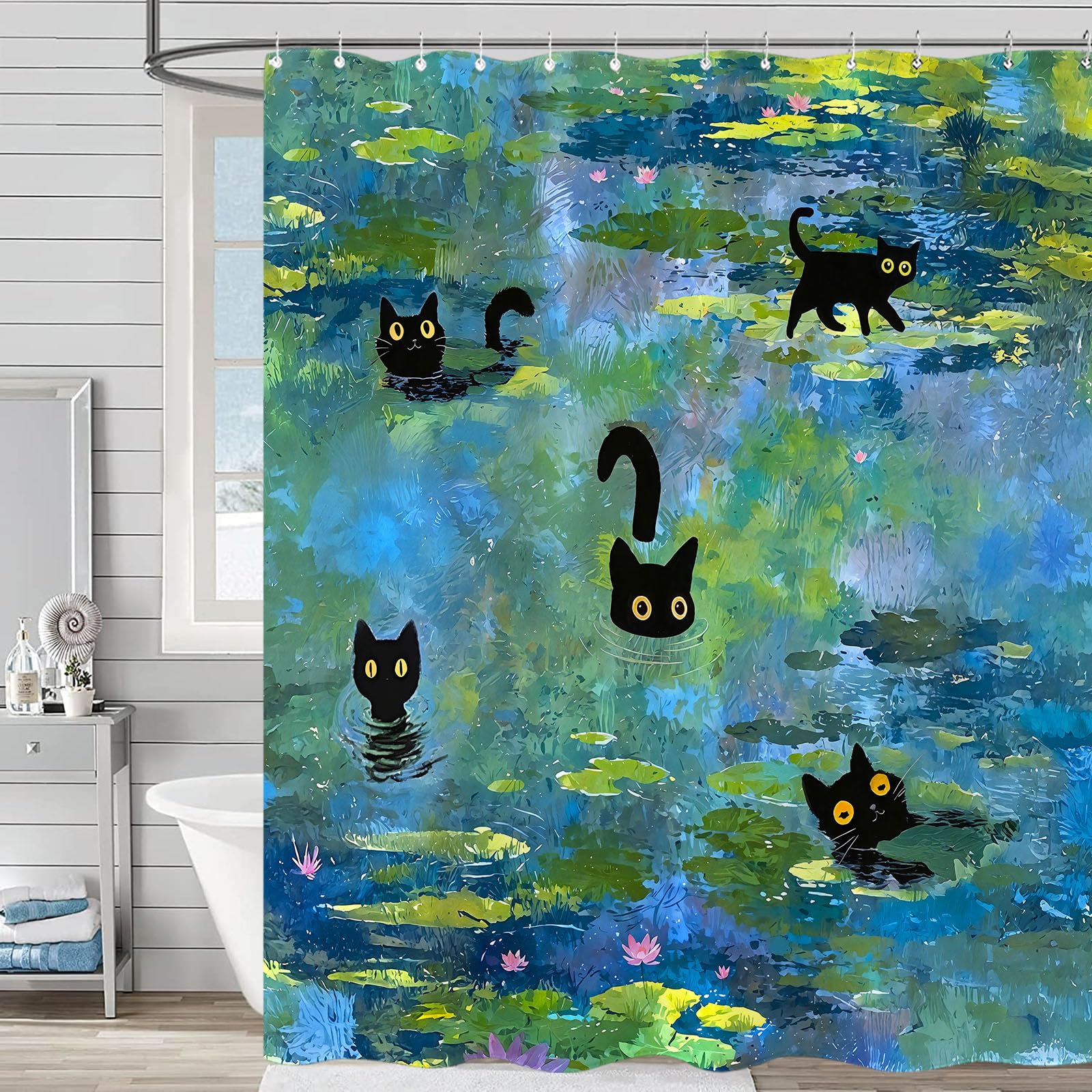 Accnicc Cute Cat Shower Curtain 84 Inch Extra Long Funny Fun Cool Cats Monet Shower Curtains For Bathroom Water Lilies Waterproo