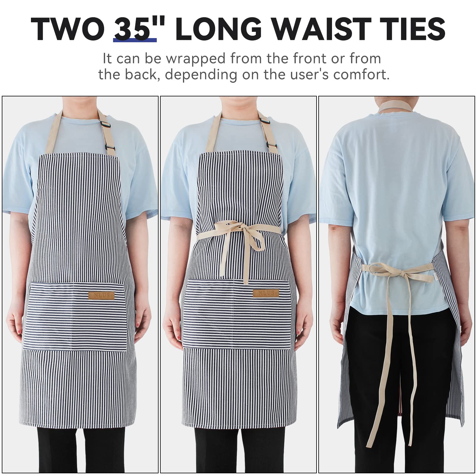 Nlus 2 Pack Cooking Aprons For Women With Pockets, Adjustable Kitchen Bib Aprons Chef Aprons For Women Men(Blue Pinstripes)