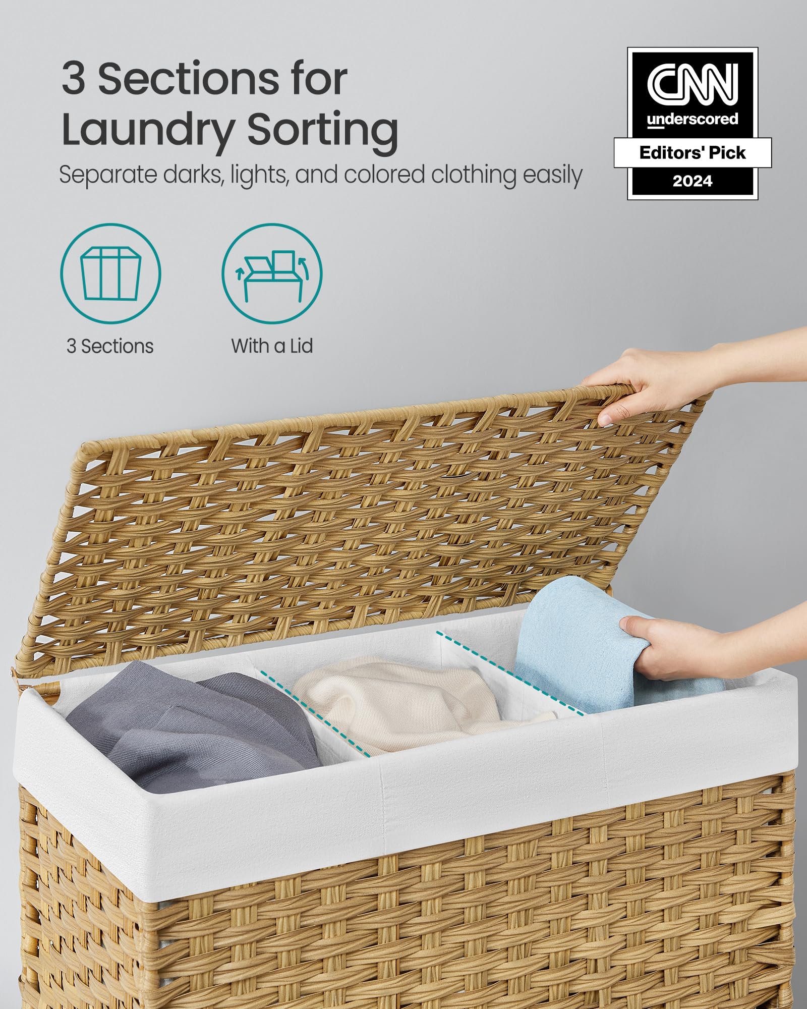 Songmics Laundry Hamper With Lid, 42.3 Gallons (160 L), Rolling Laundry Basket With Wheels, 3-Section Synthetic Rattan, Removabl