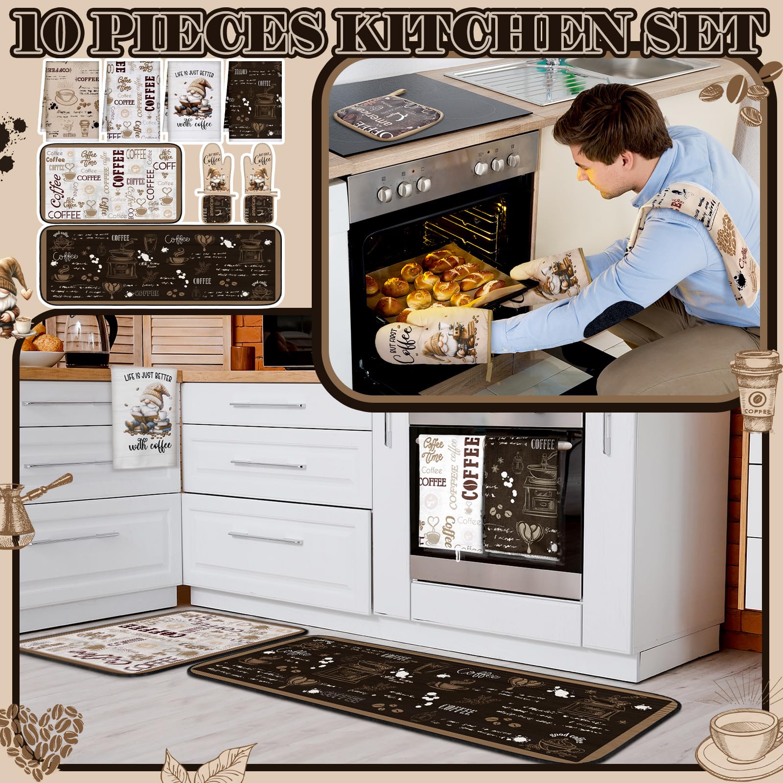 Fourluoo 10 Pcs Coffee Kitchen Decor and Accessories Oven Mitts and Pot Holders Set Coffee Dish Towels Rugs Farmhouse Kitchen De