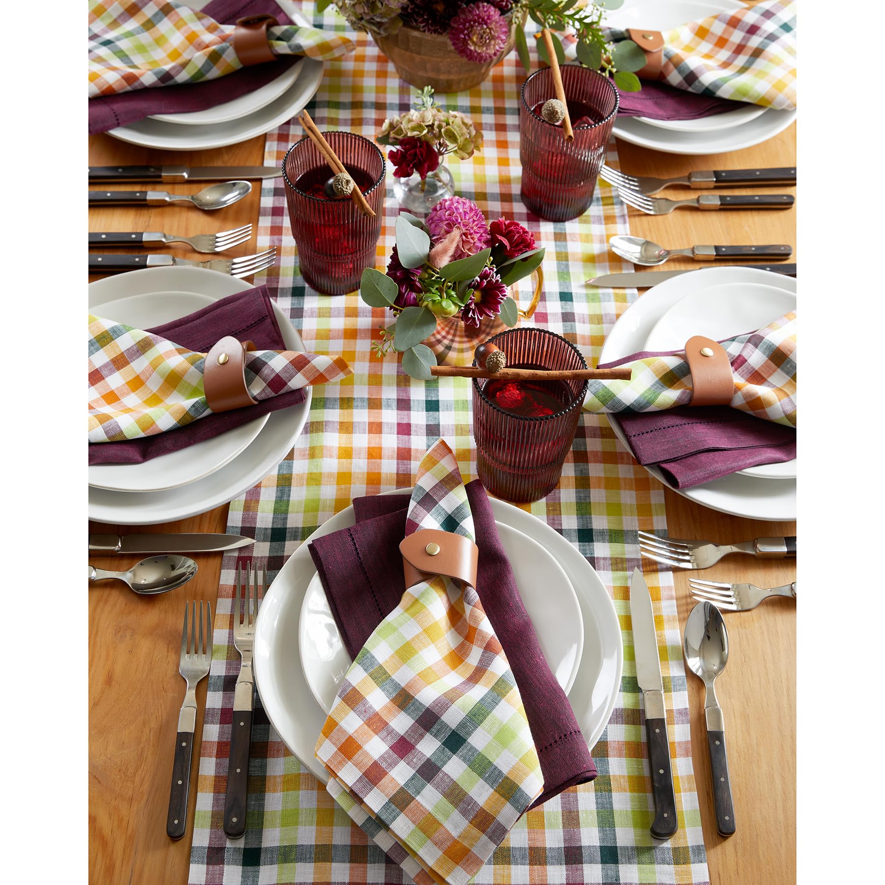 Solino Home Check Linen Table Runner 72 Inches Long - 100% Pure Linen Multicolor Plaid Table Runner 14 X 72 Inch Ideal For Weddi