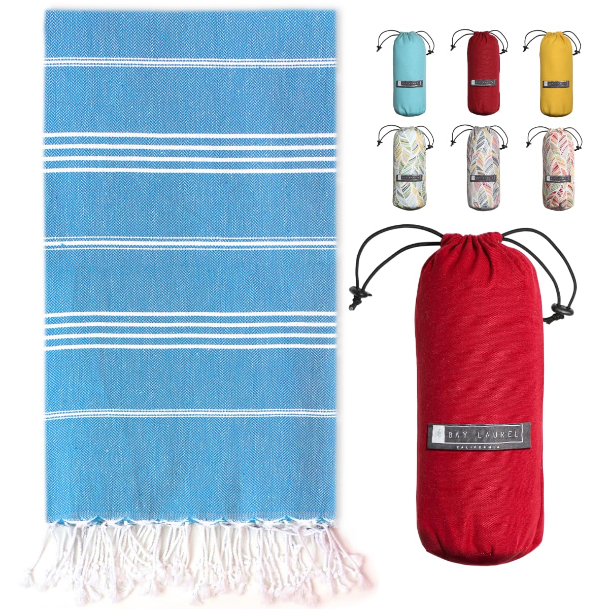 Bay Laurel Turkish Beach Towel With Travel Bag 39 X 71 Quick Dry Sand Free Lightweight Large Oversized Towels Light (Blue With R