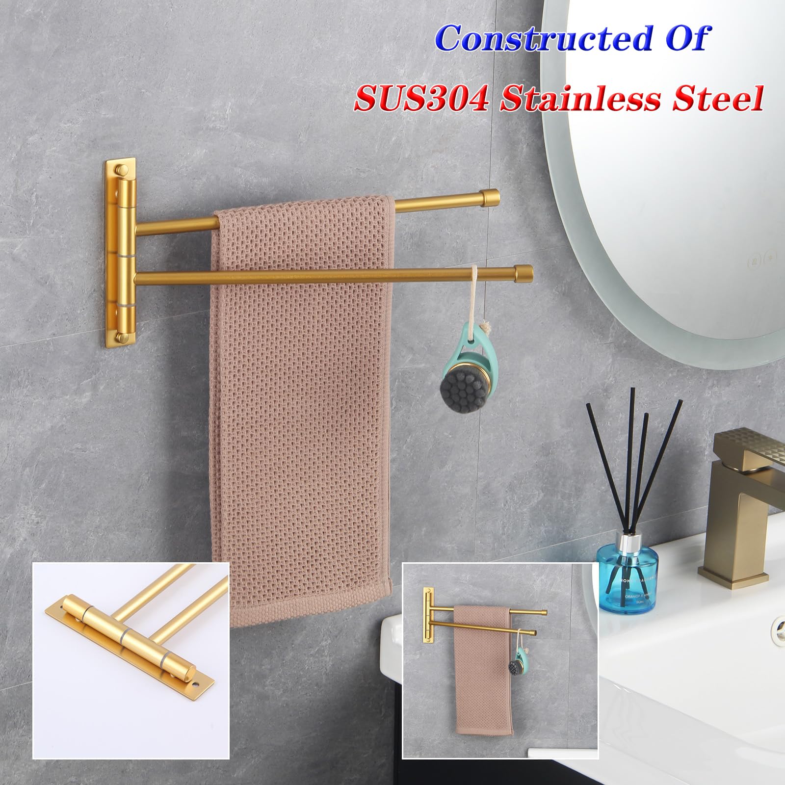 Gerzwy Bathroom Swing Arm Towel Bars 2-Arm Wall Mount Stainless Steel Bath Towel Rack Hanger Towel Holder Organizer Gold Finishe