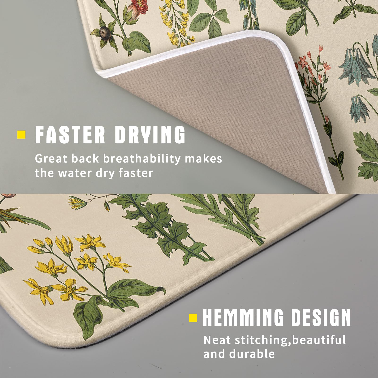 Flower Herbs Dish Drying Mat For Kitchen Counter Decor 16X18 Inch Absorbent Reversible Wild Plant Dish Mat Microfiber Drying Pad