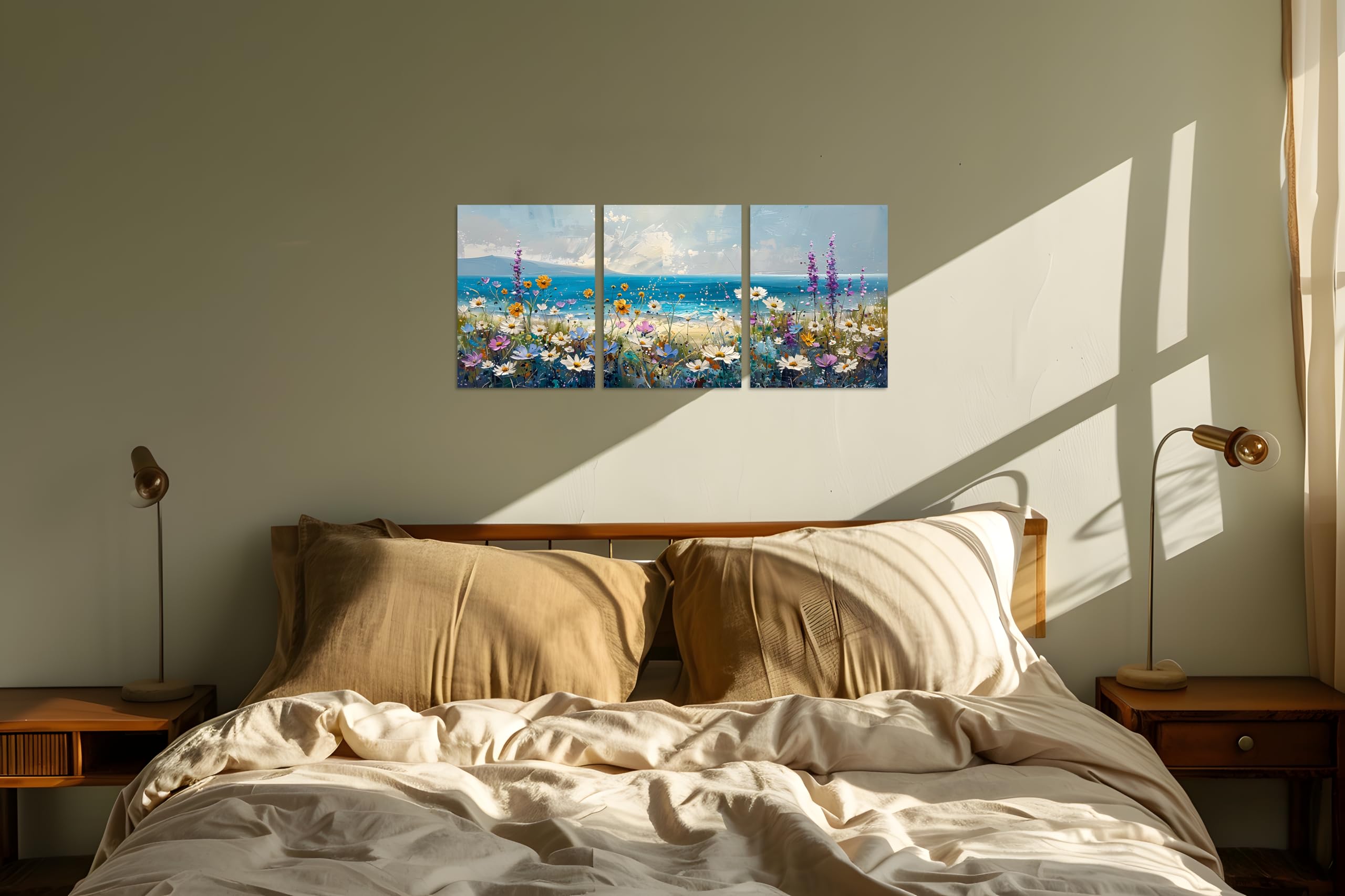 Tutubeer 3 Pcs Boho Beach Coastal Vintage Floral Wall Picture Rustic Wildflower Field Vintage Wall Art Canvas Prints Daisy Flowe