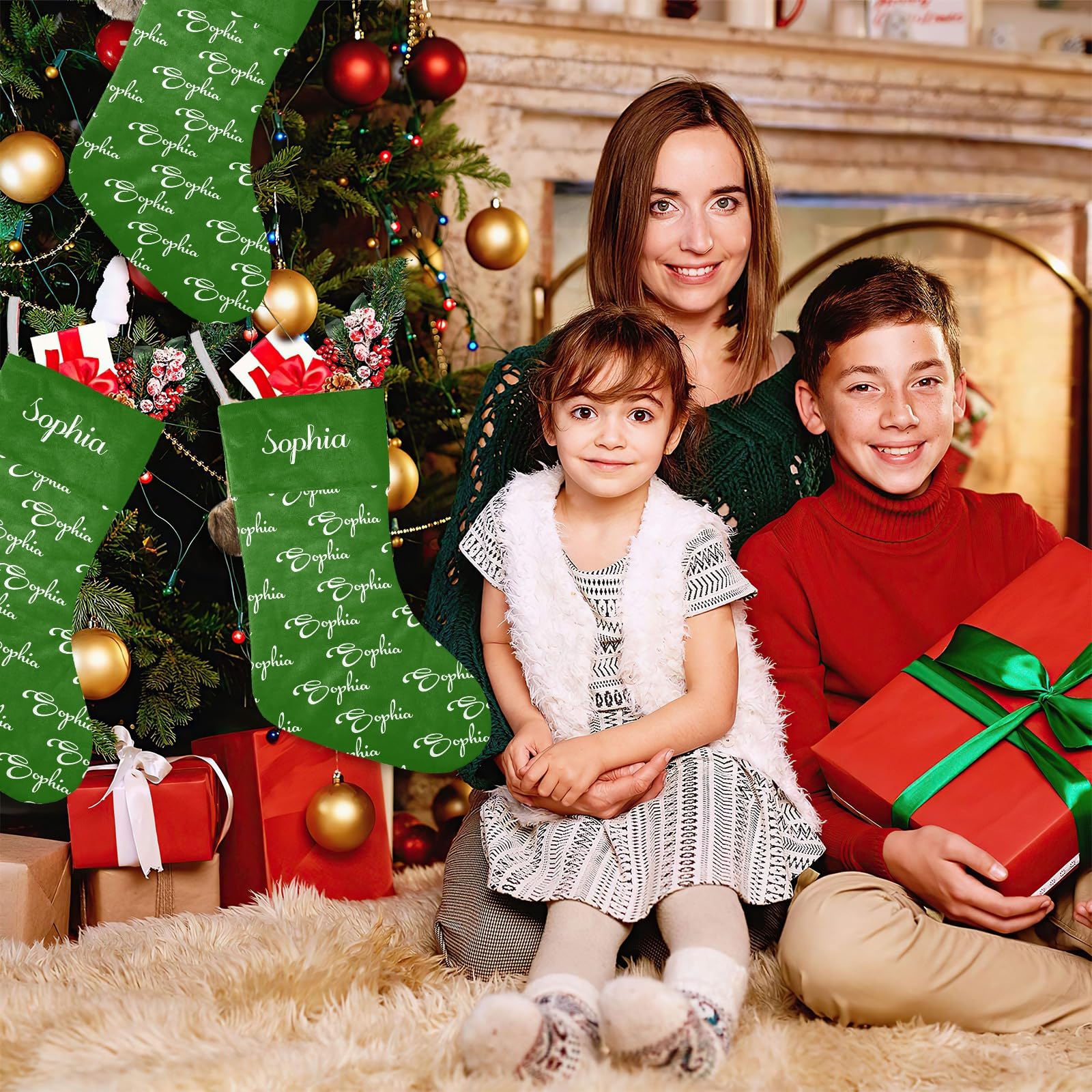 SunFancyCustom Custom Green Name Christmas Stocking Personalized with Name Xmas Family Holiday Birthday Gift Decor 17.52 x 7.87