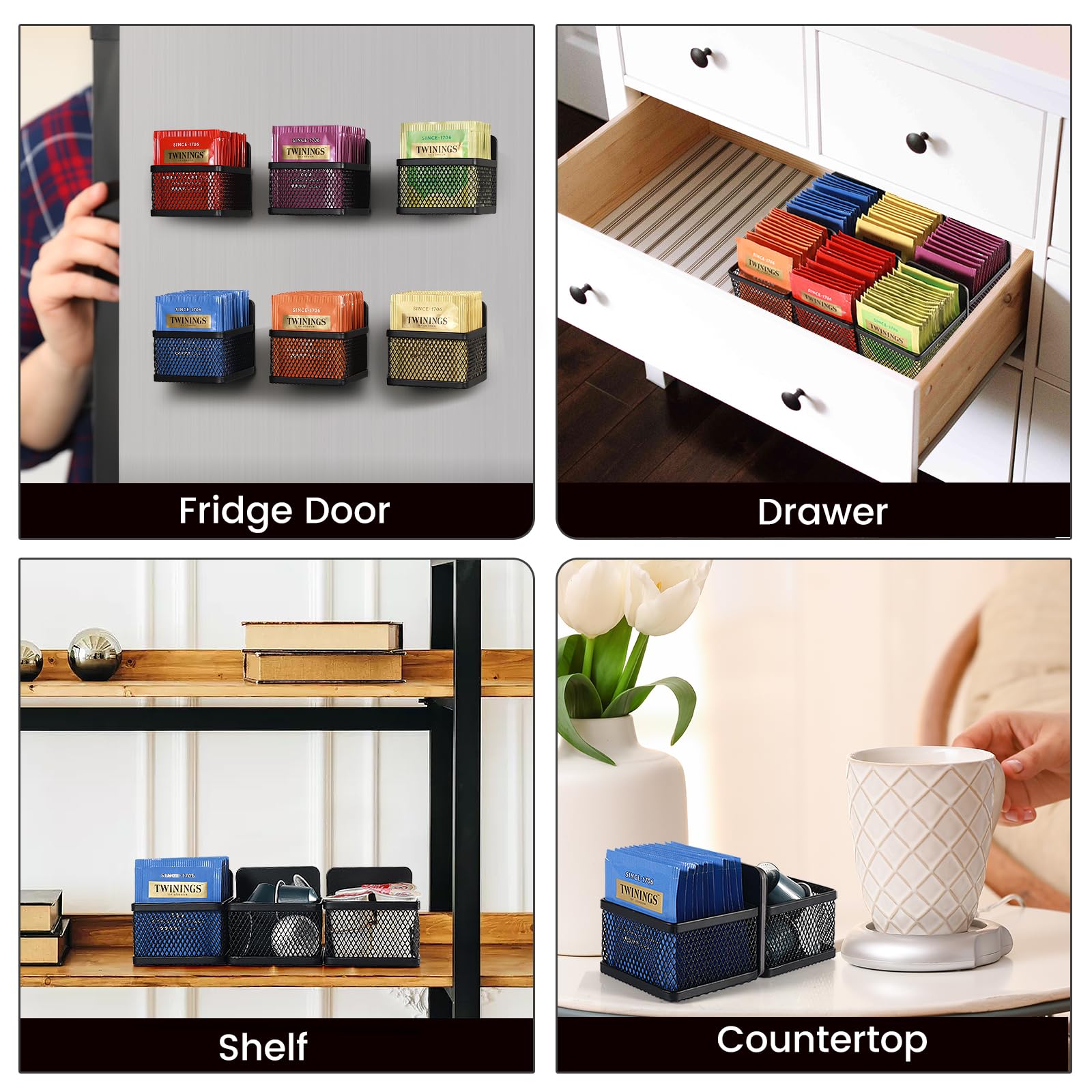 Junlynest Magnetic Tea Bag Organizer - 6-Piece Metal Tea Organizer For Refrigerator, Kitchen Shelf And Counter, Stylish & Space