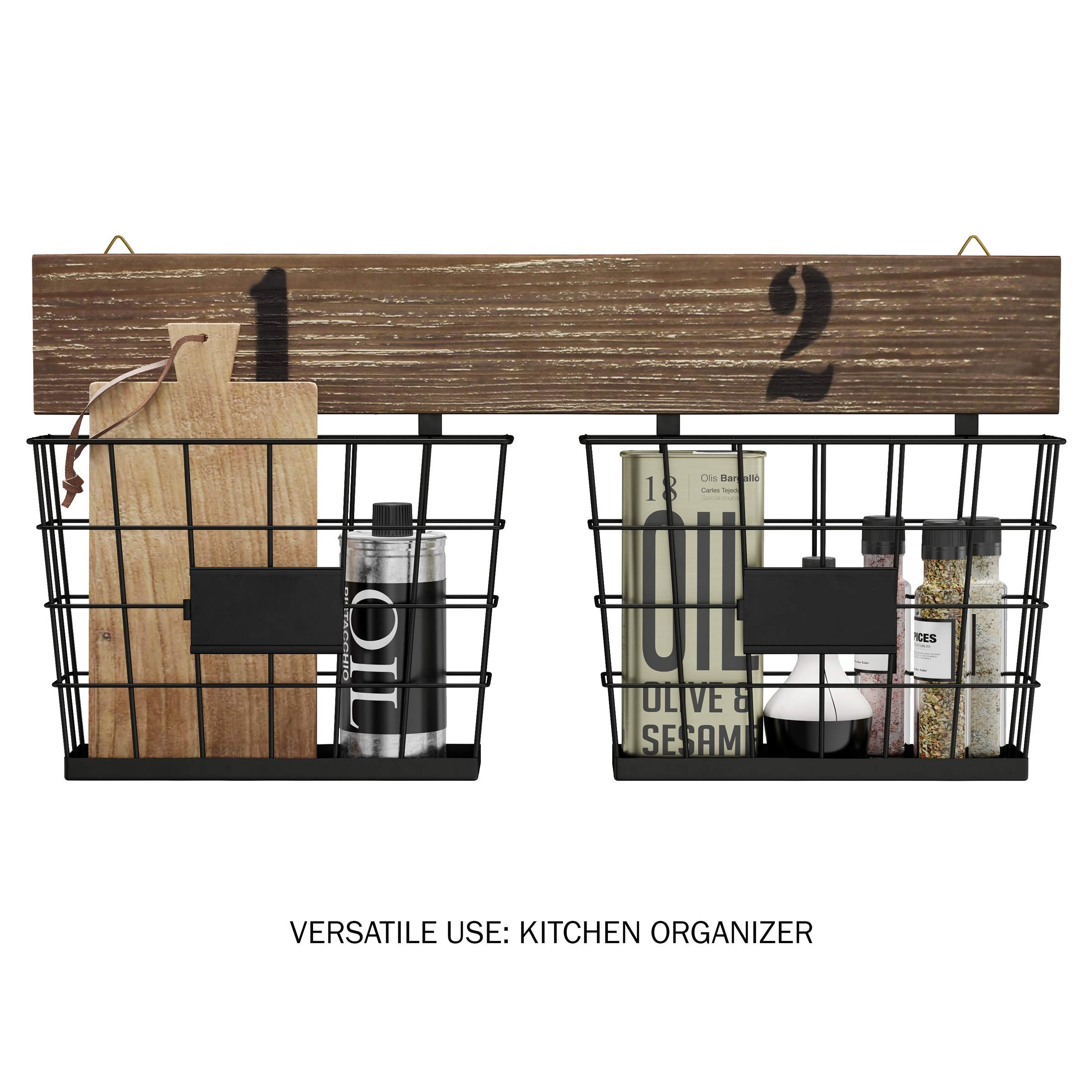 Hanging Double Wire Basket Organizer- Wall Mount Storage, Rustic Style Multi-Use Bins For Entryway, Office & Home Decor By Lavis