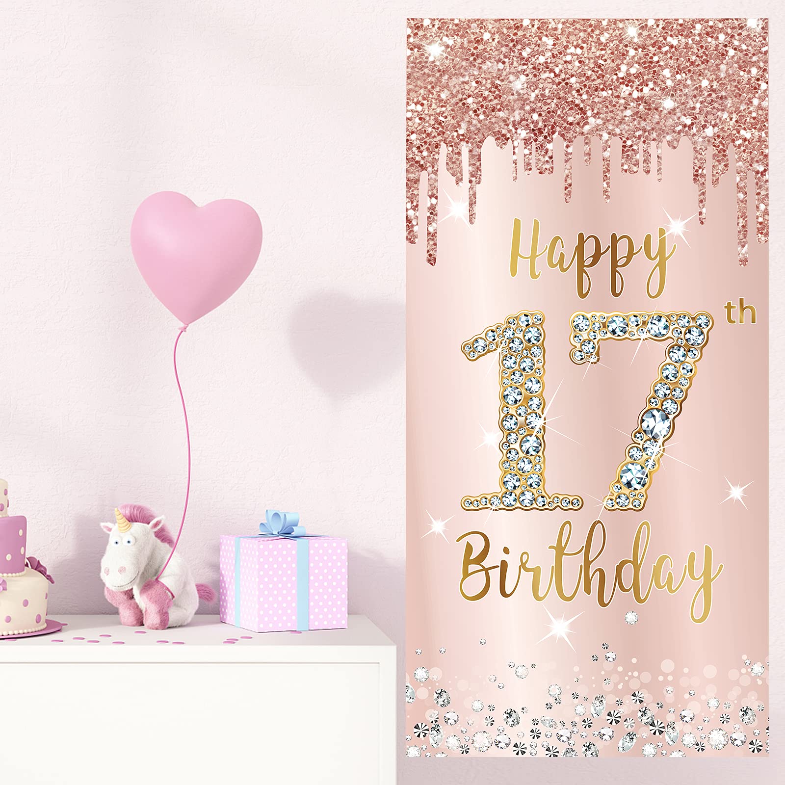 Happy 17Th Birthday Door Banner Decorations For Girls, Pink Rose Gold 17 Birthday Door Cover Backdrop Party Supplies, Large Seve